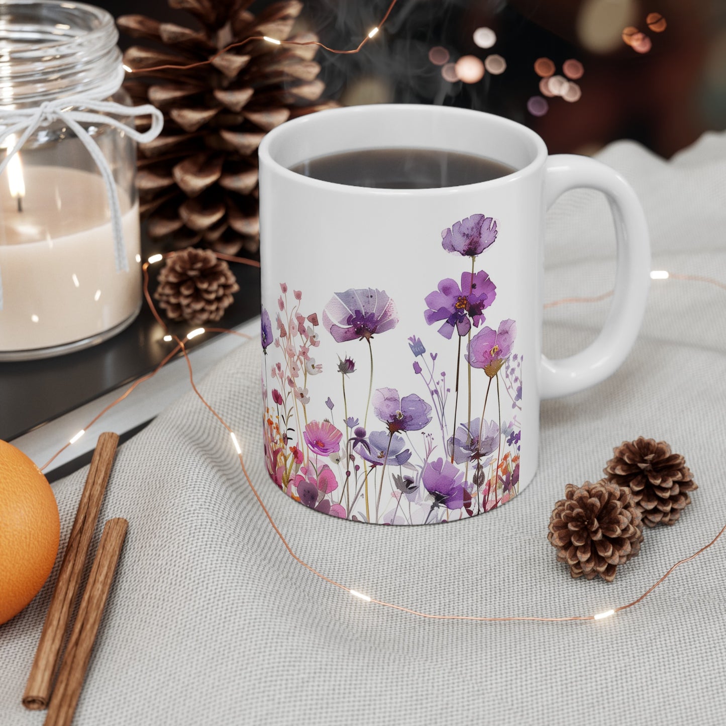 Watercolor Wildflowers 2 - Ceramic Mug, (11oz, 15oz) Purple-Pink