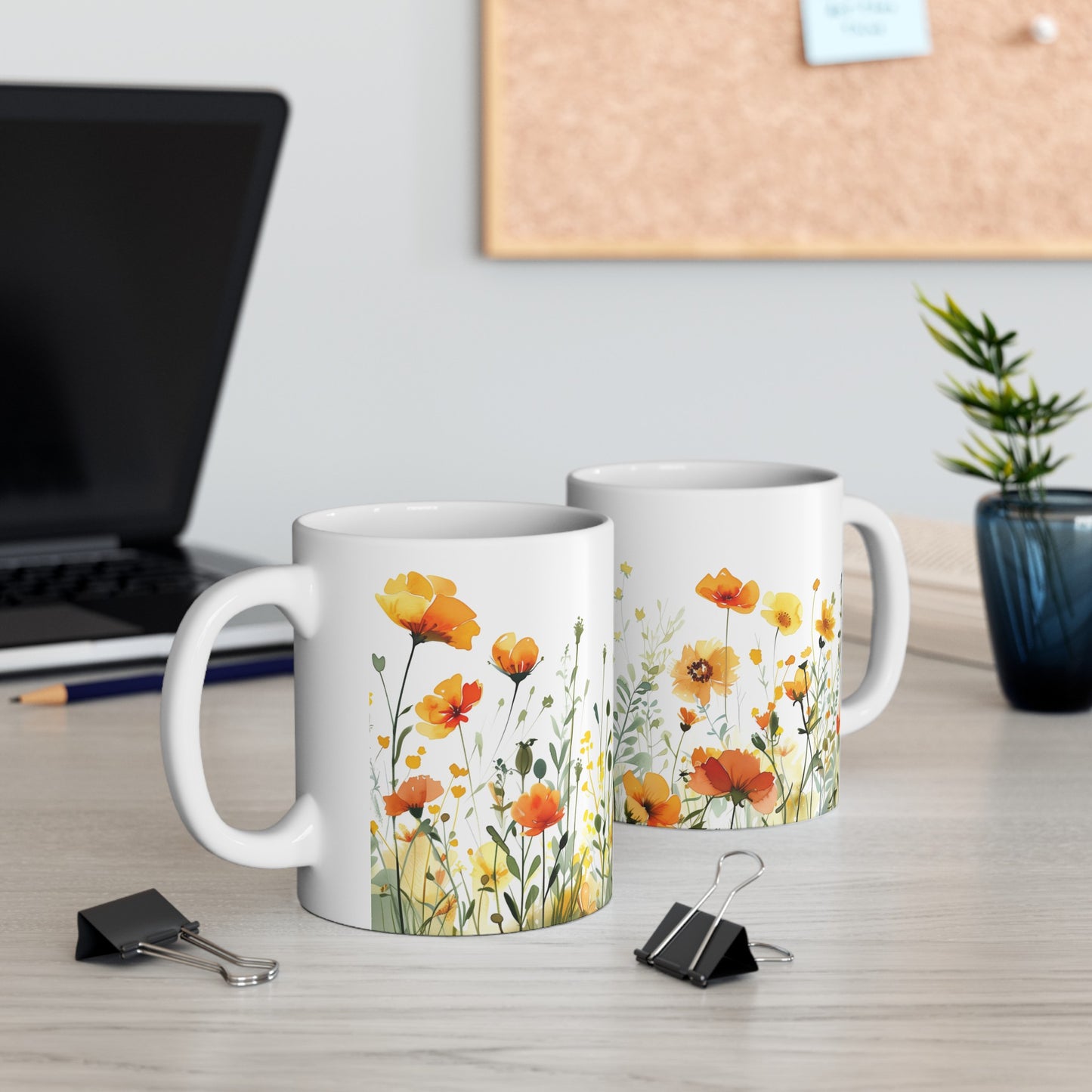 Watercolor Wildflowers 1 - Ceramic Mug, (11oz, 15oz) Yellow-Orange