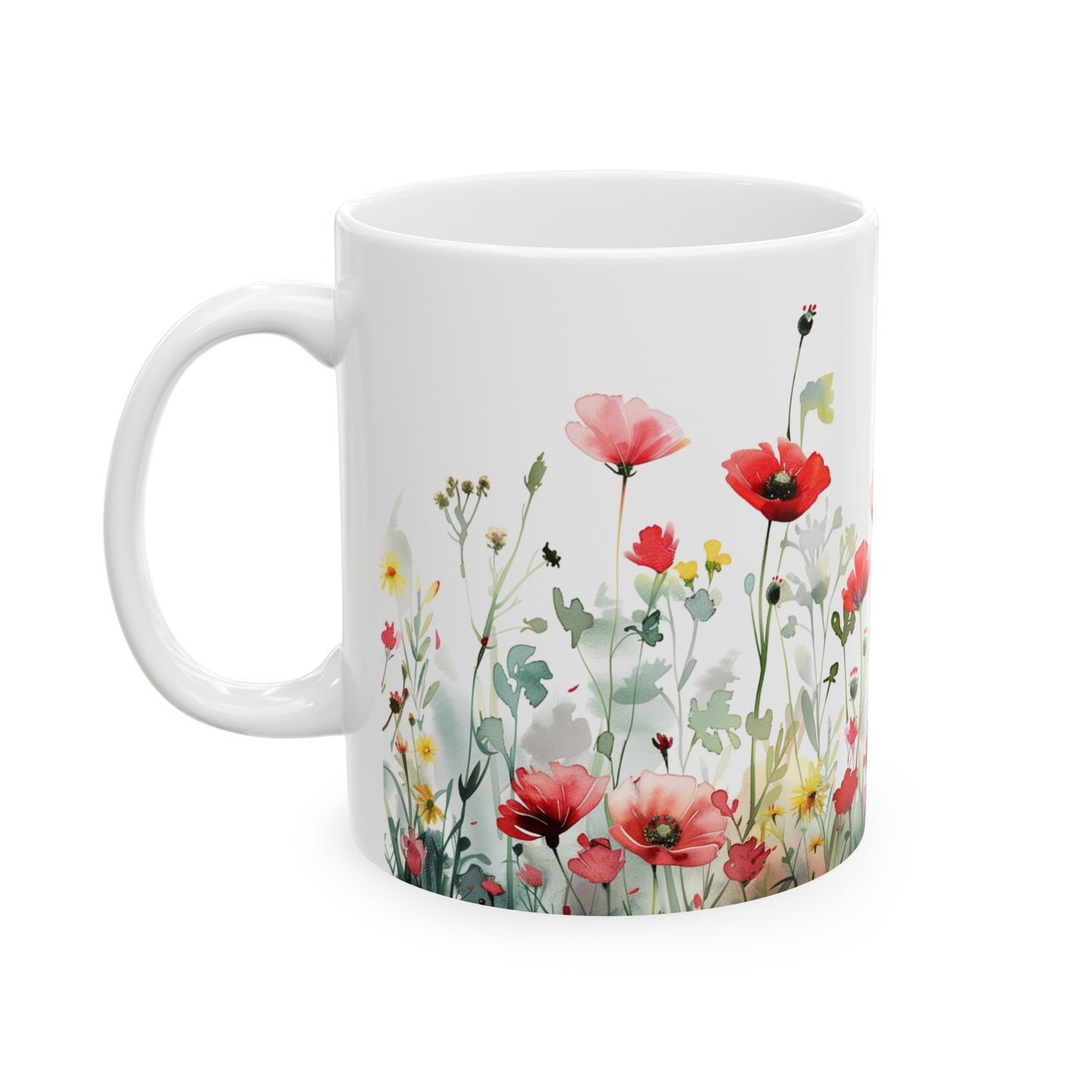 Watercolor Wildflowers 3 - Ceramic Mug, (11oz, 15oz) Red-Pink