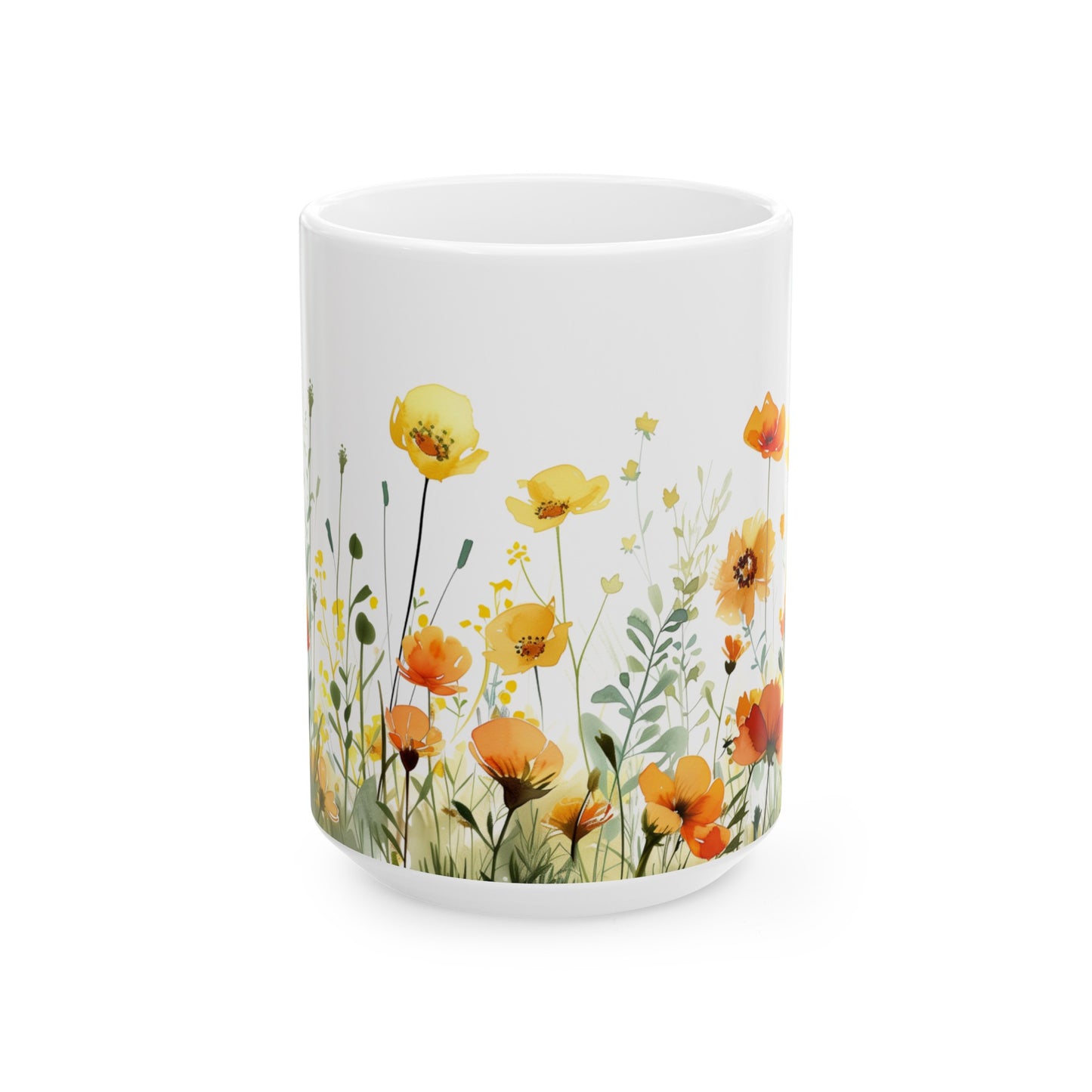 Watercolor Wildflowers 1 - Ceramic Mug, (11oz, 15oz) Yellow-Orange