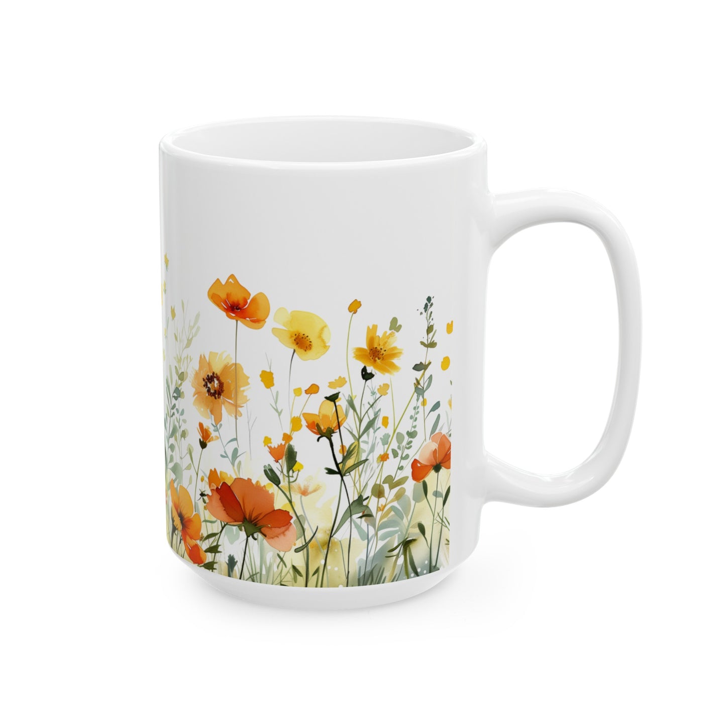 Watercolor Wildflowers 1 - Ceramic Mug, (11oz, 15oz) Yellow-Orange