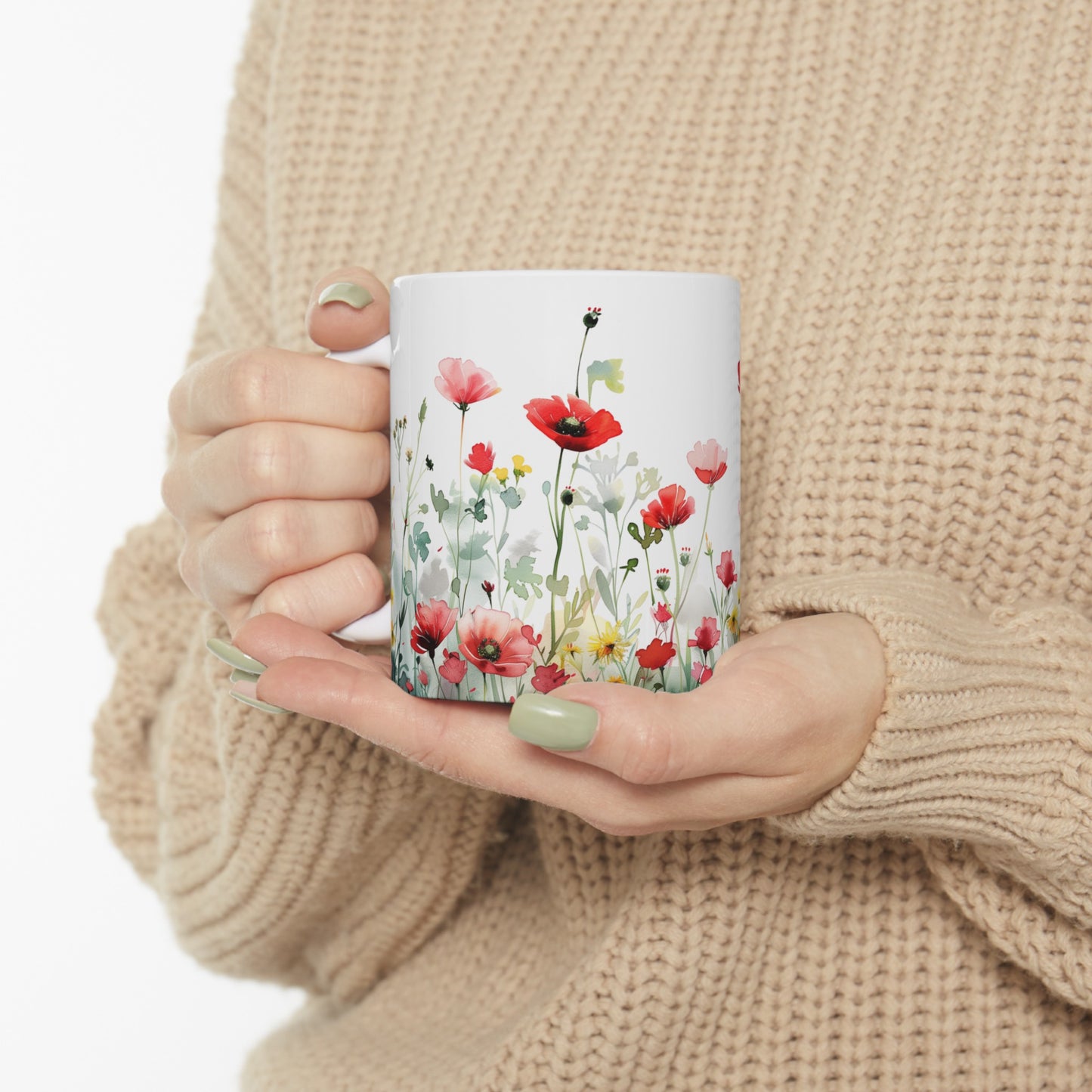 Watercolor Wildflowers 3 - Ceramic Mug, (11oz, 15oz) Red-Pink