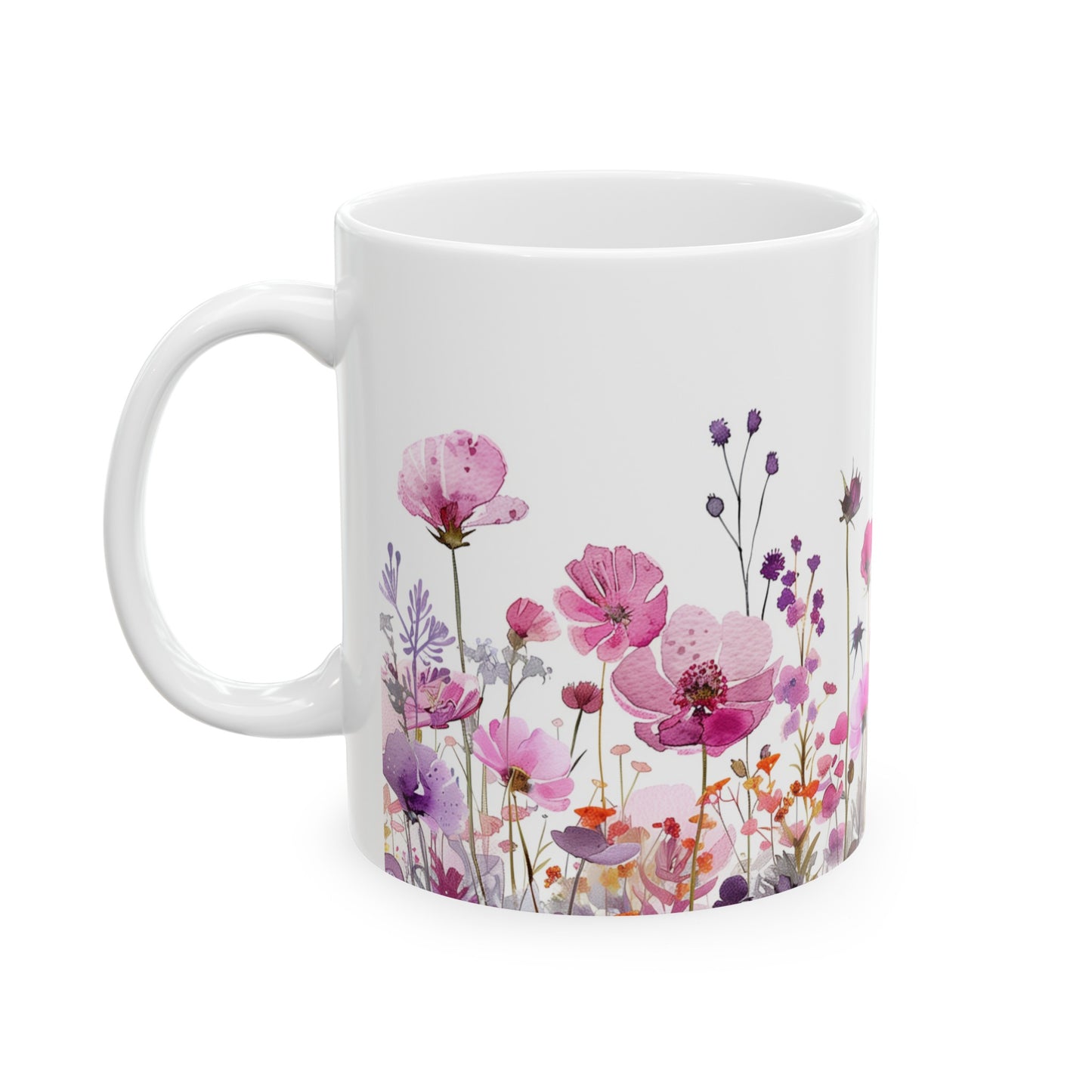 Watercolor Wildflowers 2 - Ceramic Mug, (11oz, 15oz) Purple-Pink