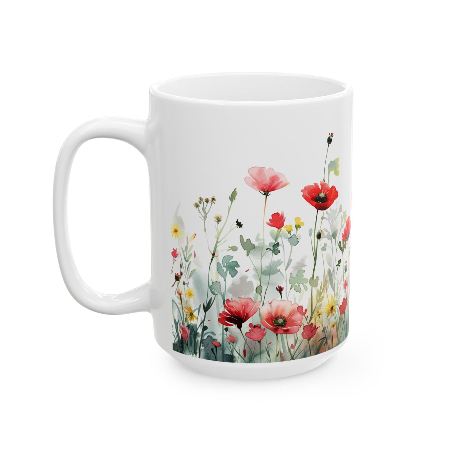 Watercolor Wildflowers 3 - Ceramic Mug, (11oz, 15oz) Red-Pink