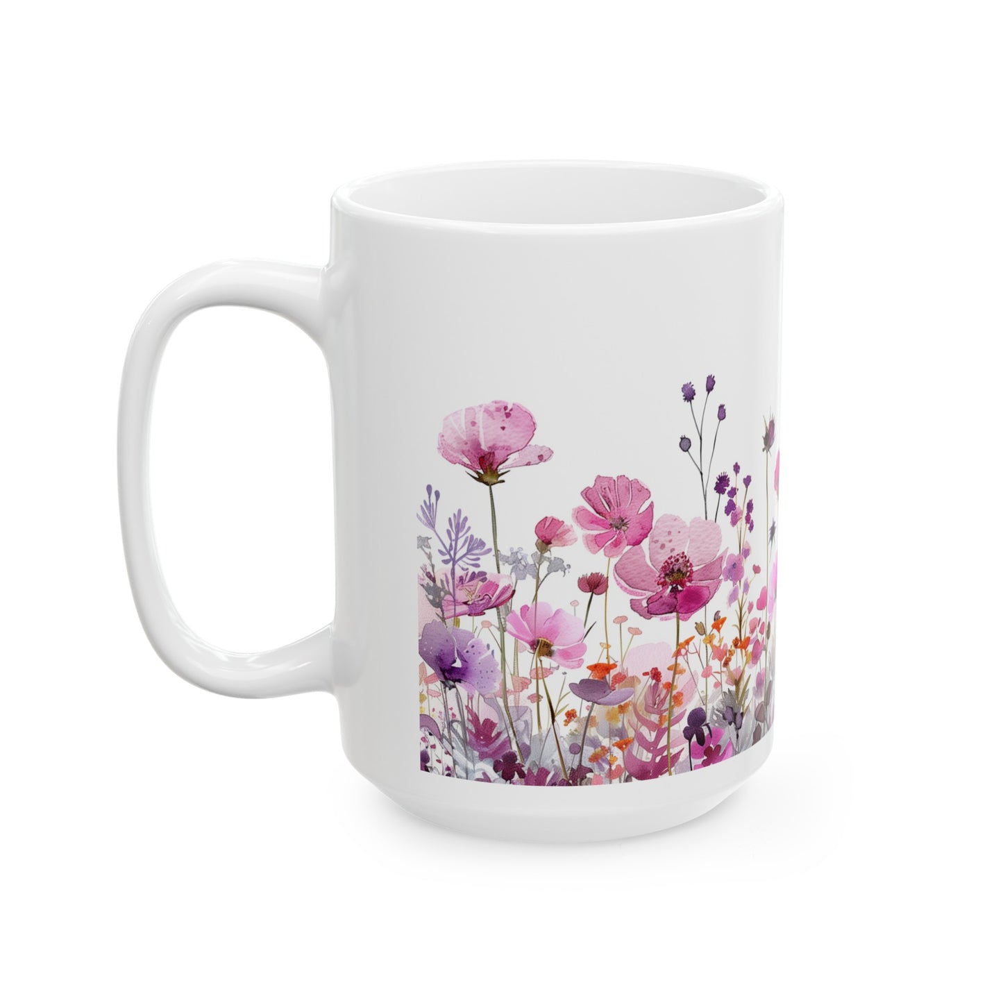 Watercolor Wildflowers 2 - Ceramic Mug, (11oz, 15oz) Purple-Pink