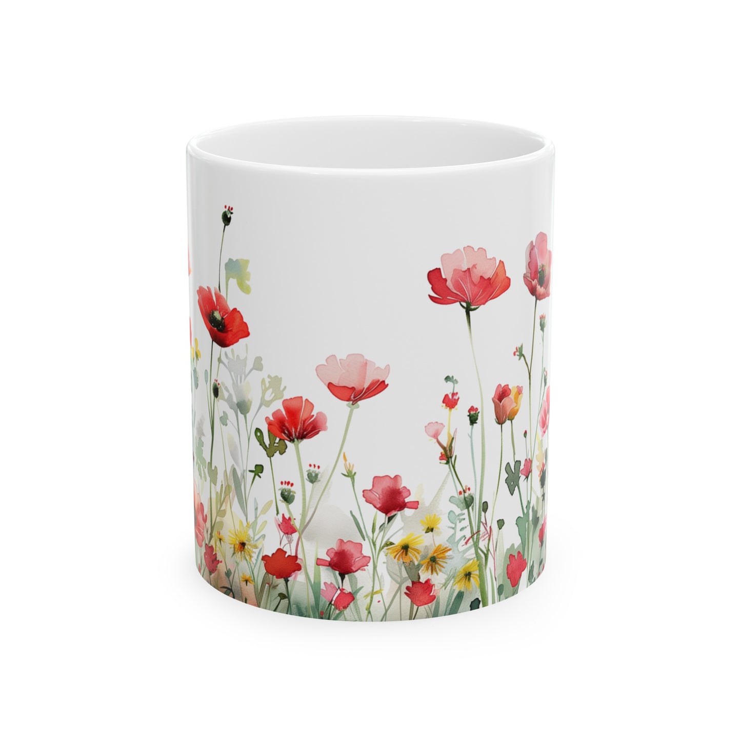 Watercolor Wildflowers 3 - Ceramic Mug, (11oz, 15oz) Red-Pink