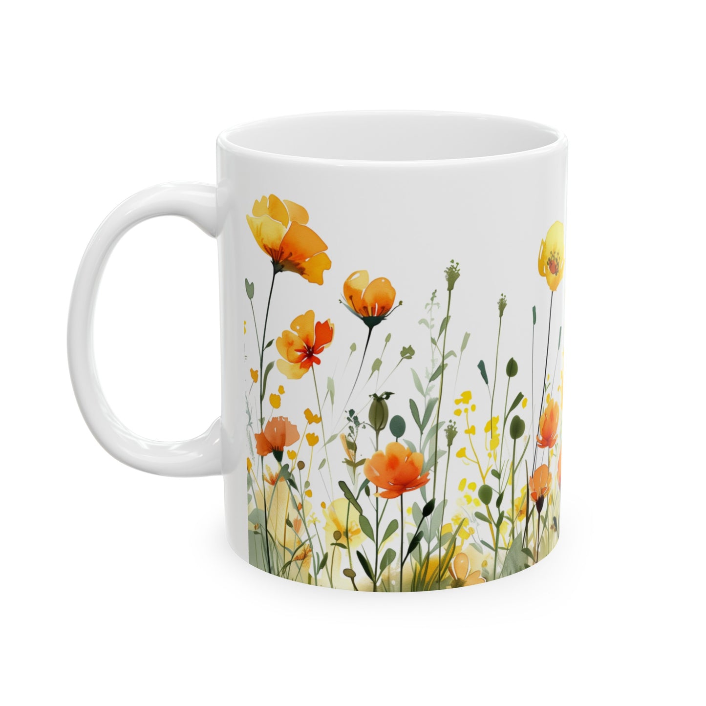 Watercolor Wildflowers 1 - Ceramic Mug, (11oz, 15oz) Yellow-Orange