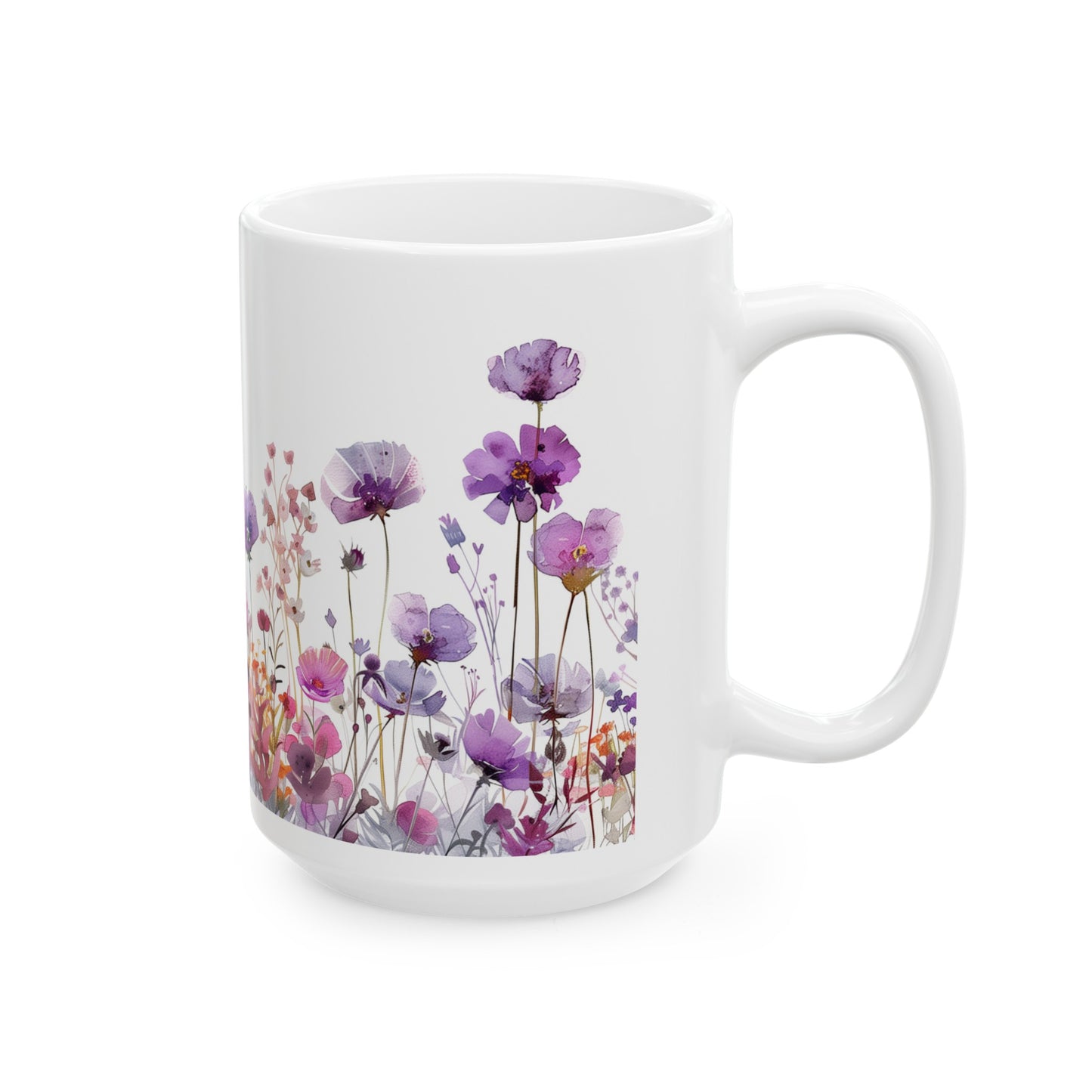 Watercolor Wildflowers 2 - Ceramic Mug, (11oz, 15oz) Purple-Pink