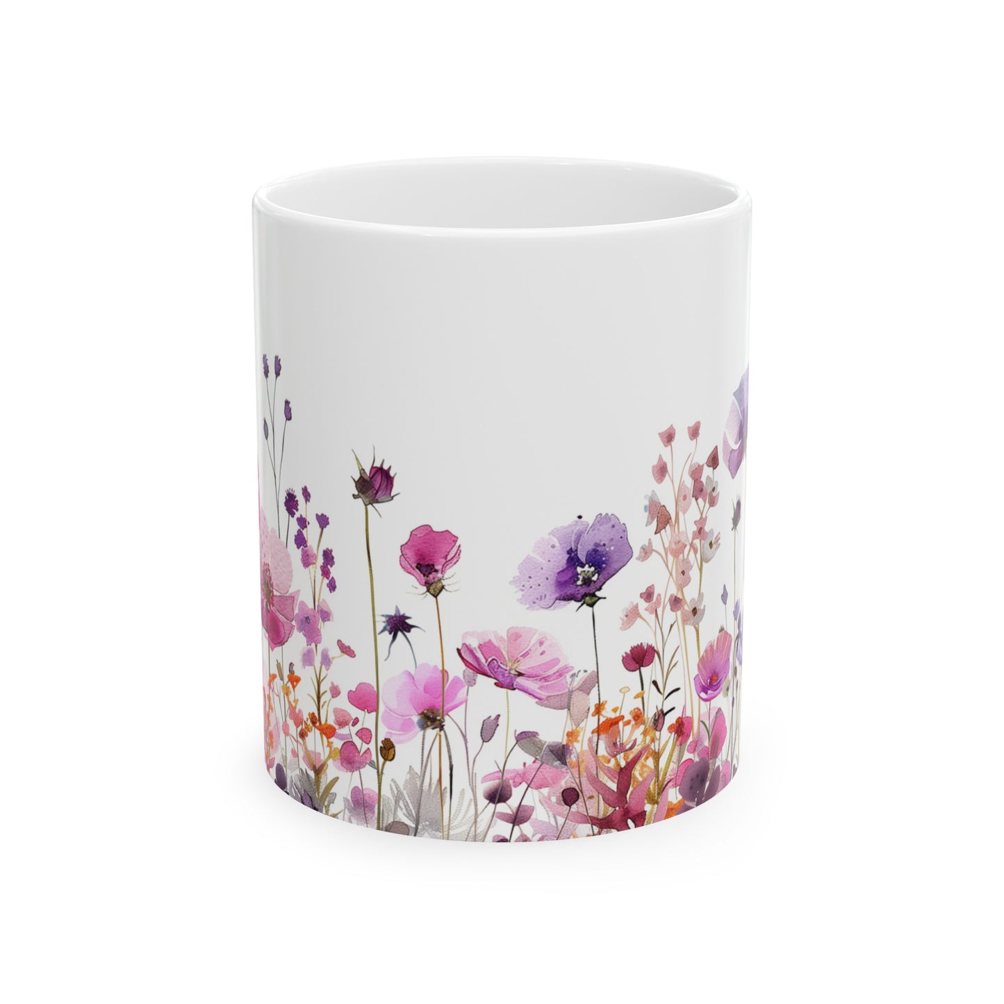Watercolor Wildflowers 2 - Ceramic Mug, (11oz, 15oz) Purple-Pink