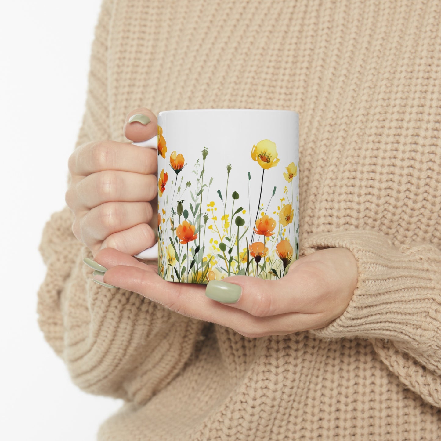Watercolor Wildflowers 1 - Ceramic Mug, (11oz, 15oz) Yellow-Orange