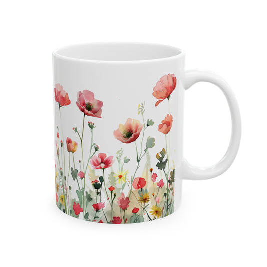 Watercolor Wildflowers 3 - Ceramic Mug, (11oz, 15oz) Red-Pink