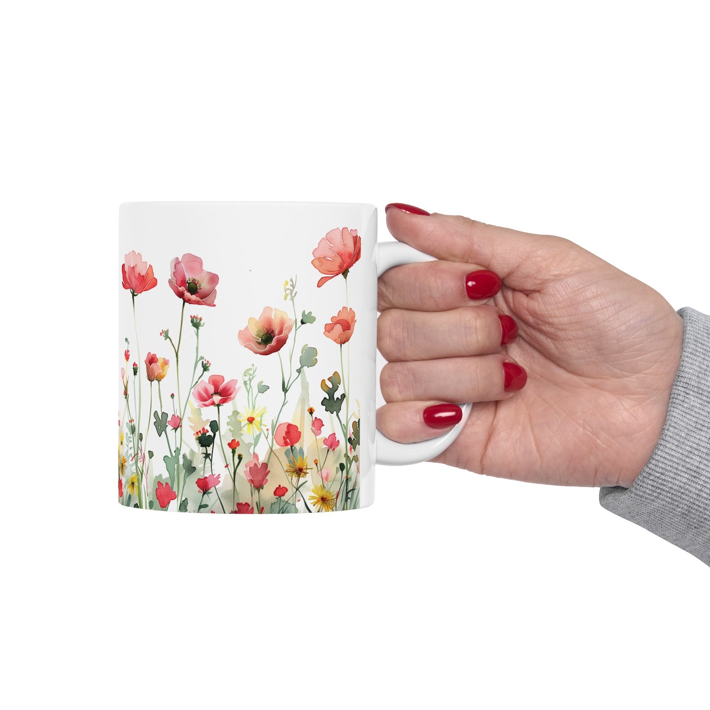 Watercolor Wildflowers 3 - Ceramic Mug, (11oz, 15oz) Red-Pink