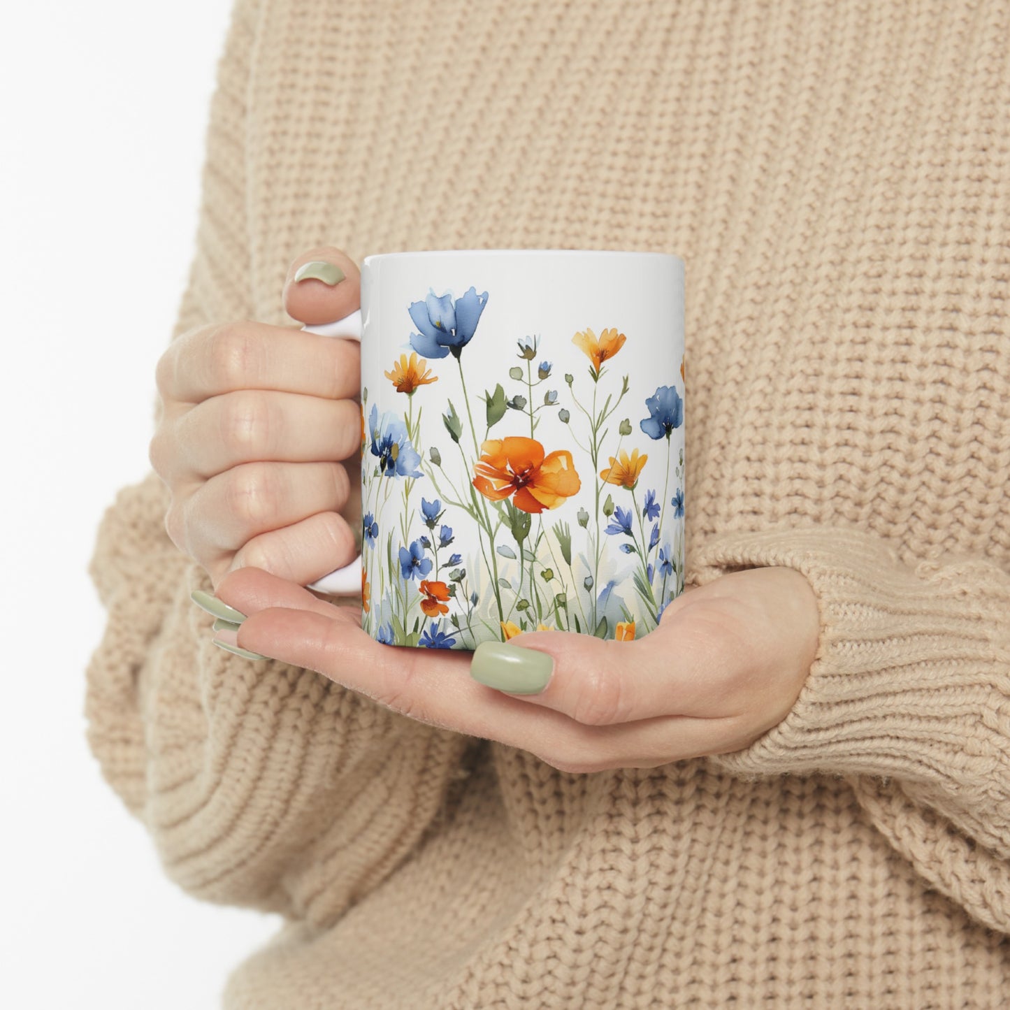 Watercolor Wildflowers 4 - Ceramic Mug, (11oz, 15oz) Blue-Orange