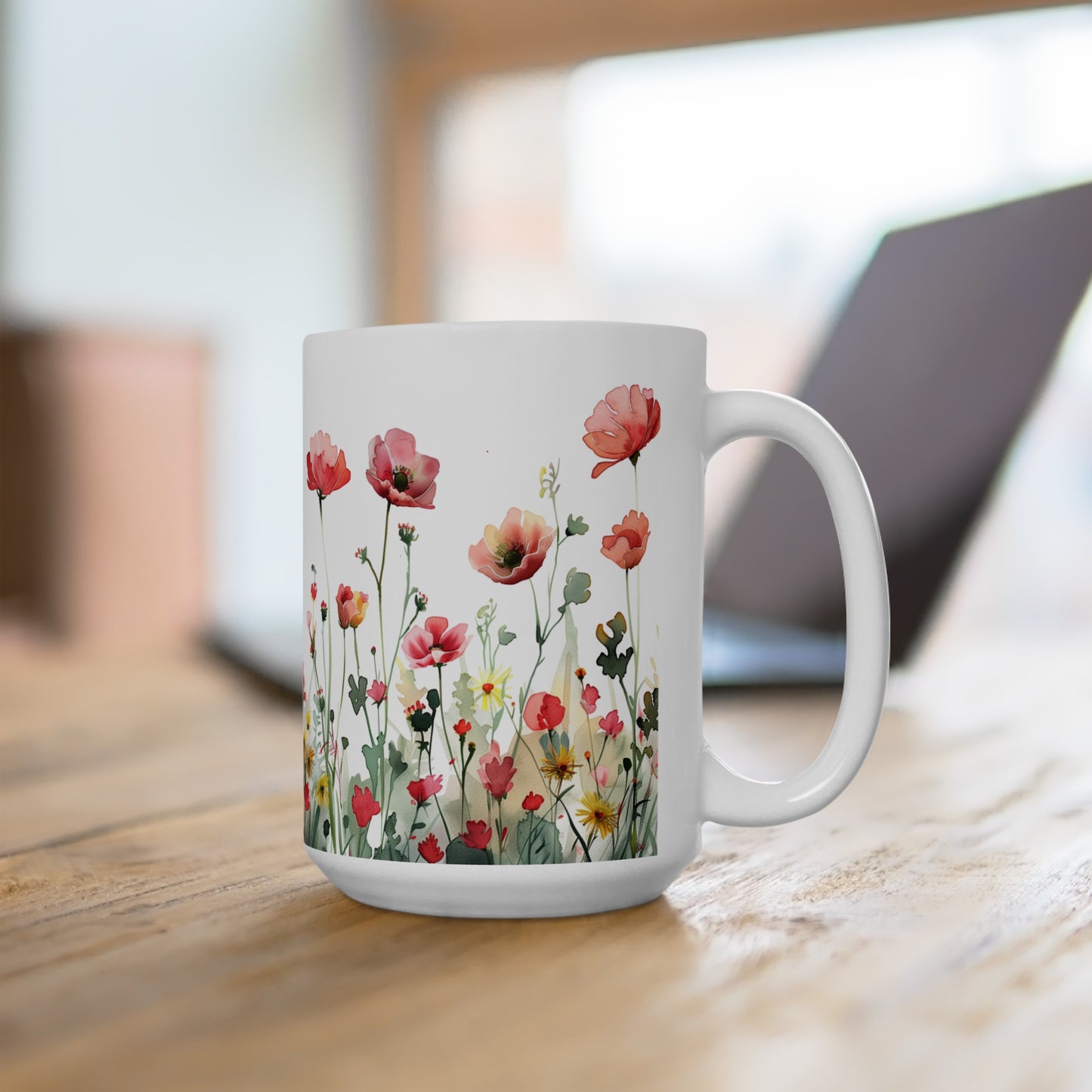 Watercolor Wildflowers 3 - Ceramic Mug, (11oz, 15oz) Red-Pink