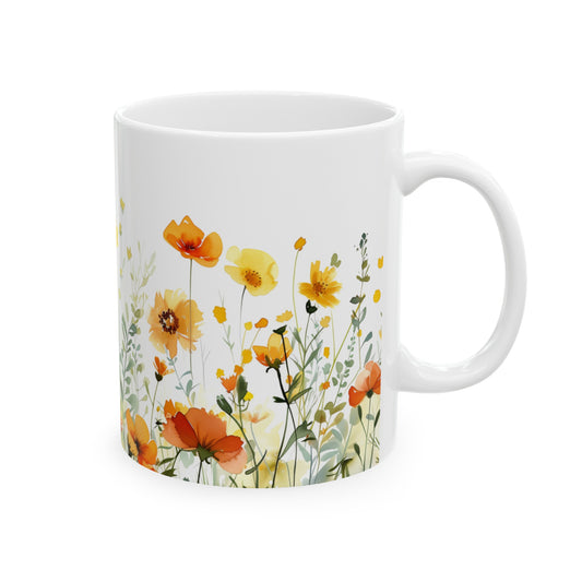 Watercolor Wildflowers 1 - Ceramic Mug, (11oz, 15oz) Yellow-Orange