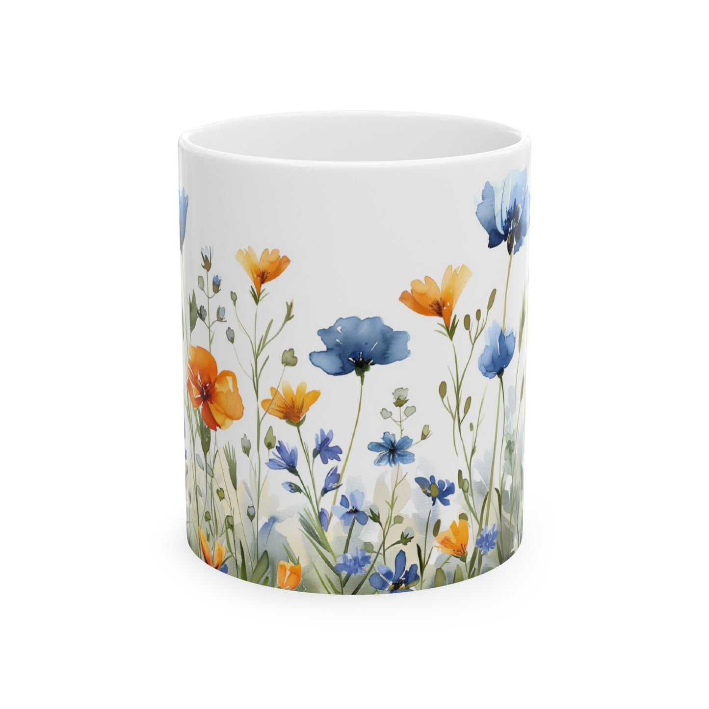 Watercolor Wildflowers 4 - Ceramic Mug, (11oz, 15oz) Blue-Orange