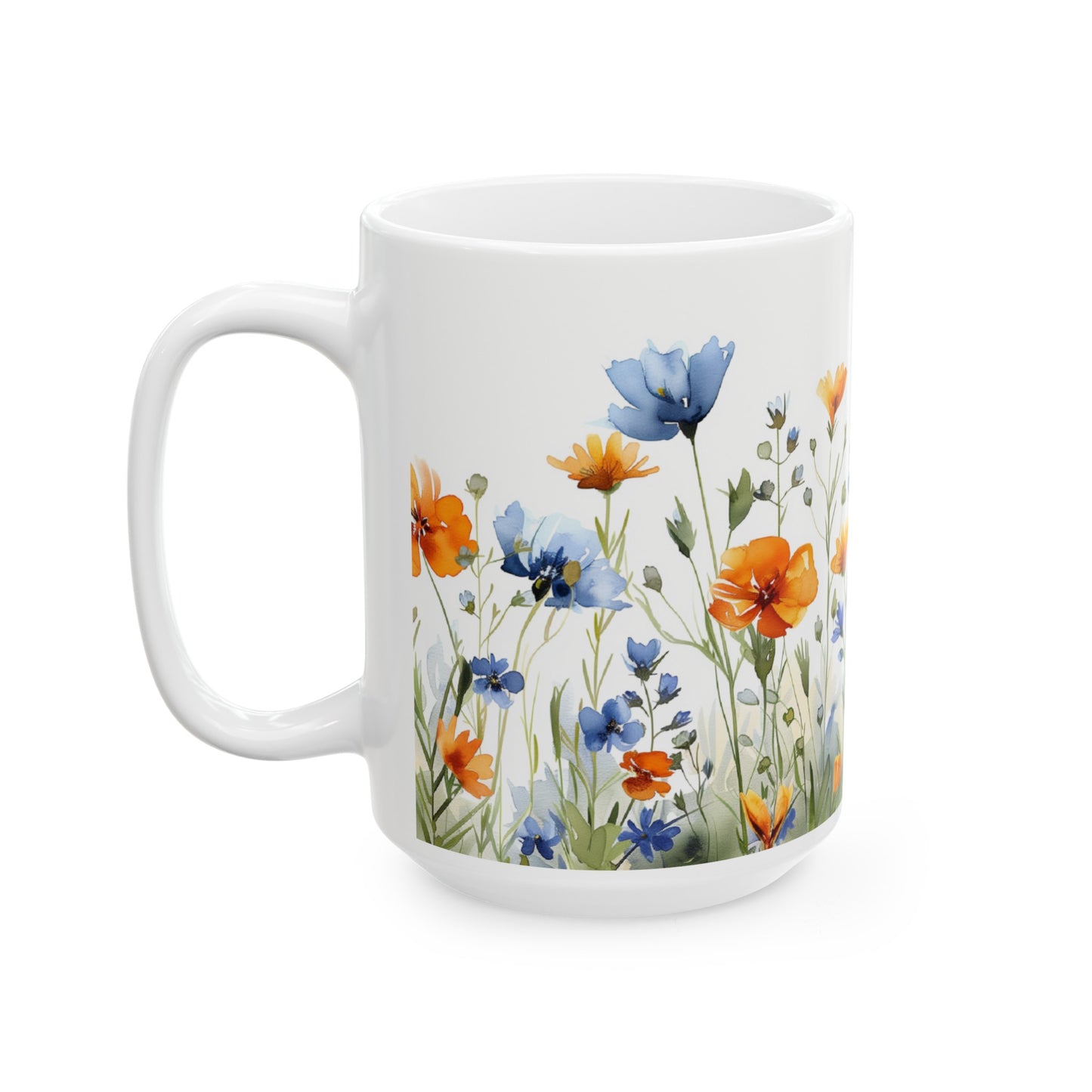 Watercolor Wildflowers 4 - Ceramic Mug, (11oz, 15oz) Blue-Orange