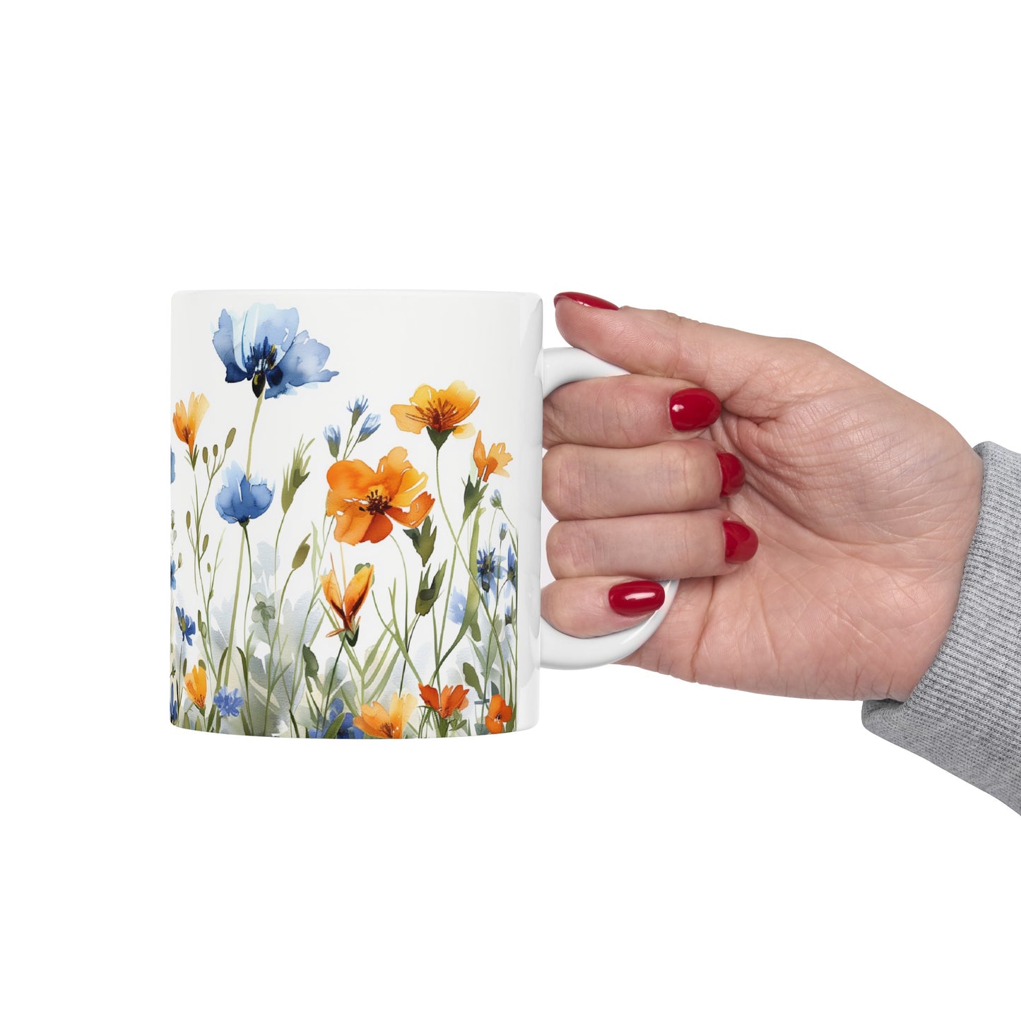 Watercolor Wildflowers 4 - Ceramic Mug, (11oz, 15oz) Blue-Orange