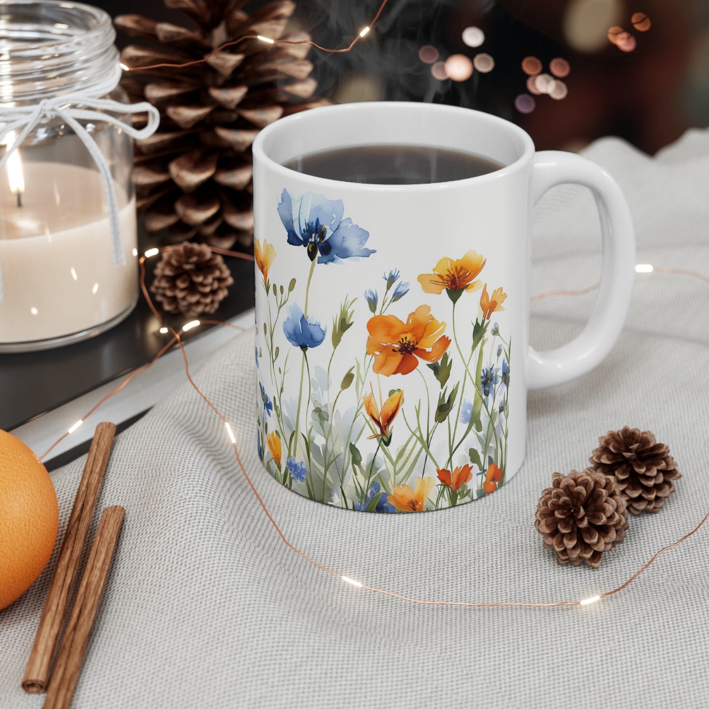 Watercolor Wildflowers 4 - Ceramic Mug, (11oz, 15oz) Blue-Orange