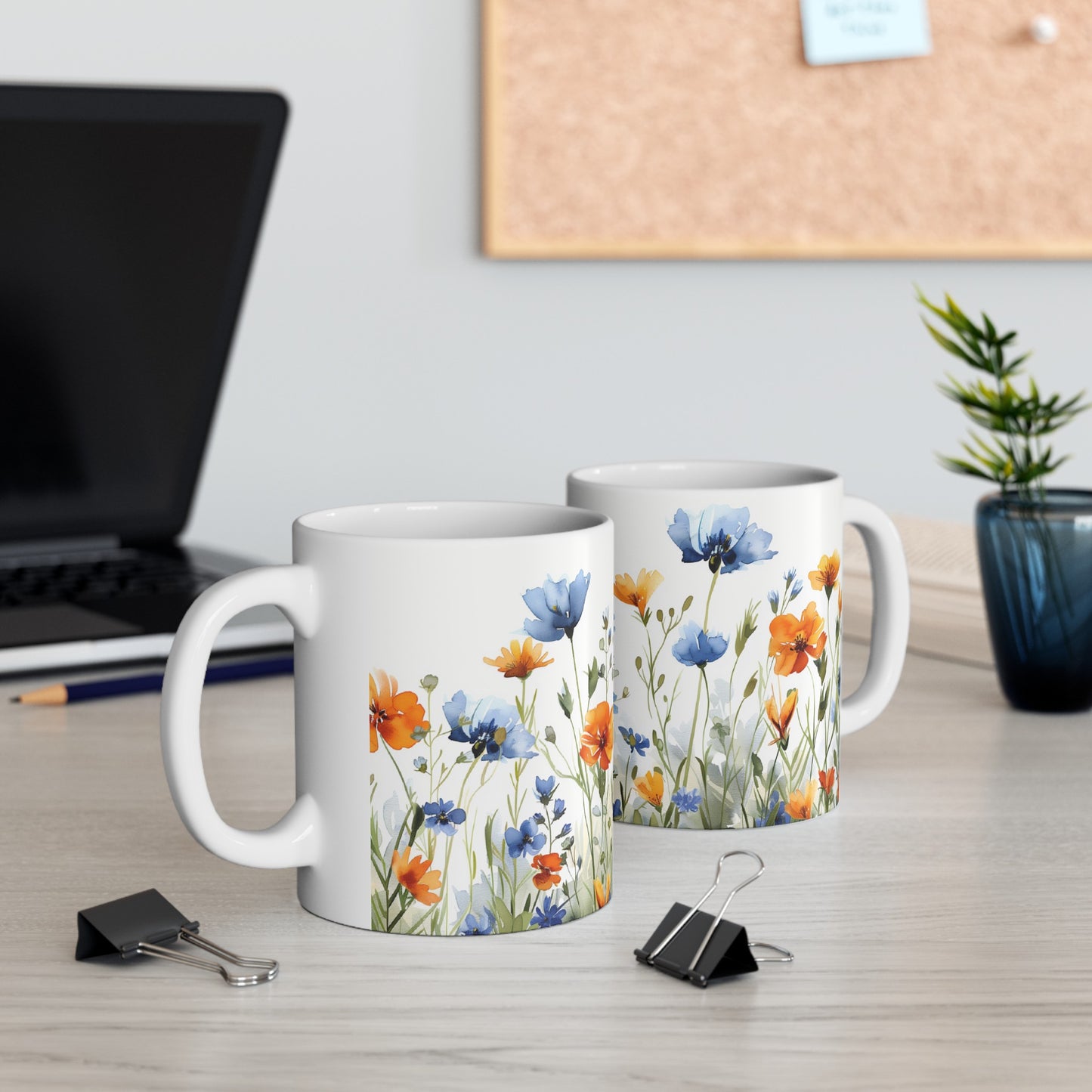 Watercolor Wildflowers 4 - Ceramic Mug, (11oz, 15oz) Blue-Orange