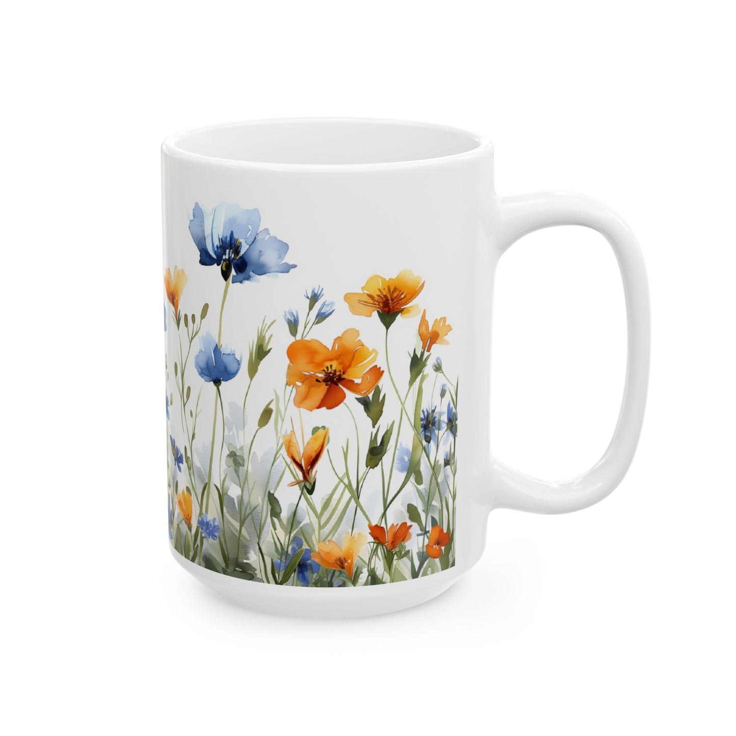 Watercolor Wildflowers 4 - Ceramic Mug, (11oz, 15oz) Blue-Orange