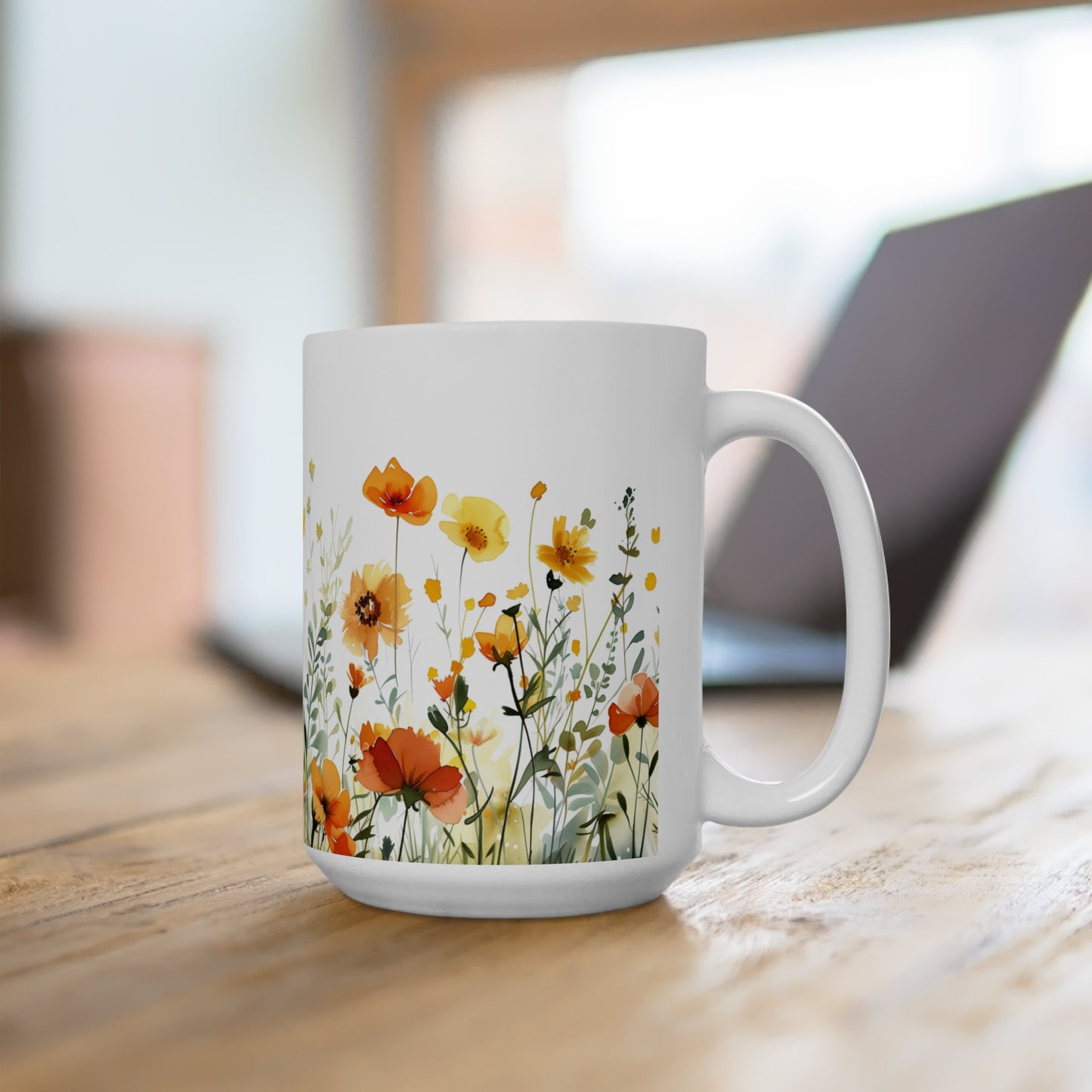 Watercolor Wildflowers 1 - Ceramic Mug, (11oz, 15oz) Yellow-Orange