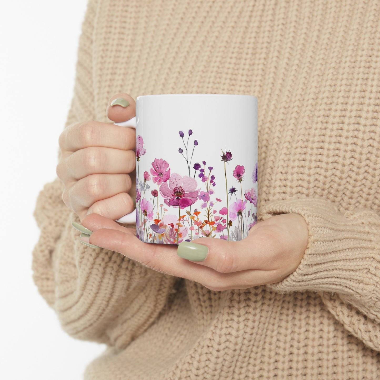 Watercolor Wildflowers 2 - Ceramic Mug, (11oz, 15oz) Purple-Pink