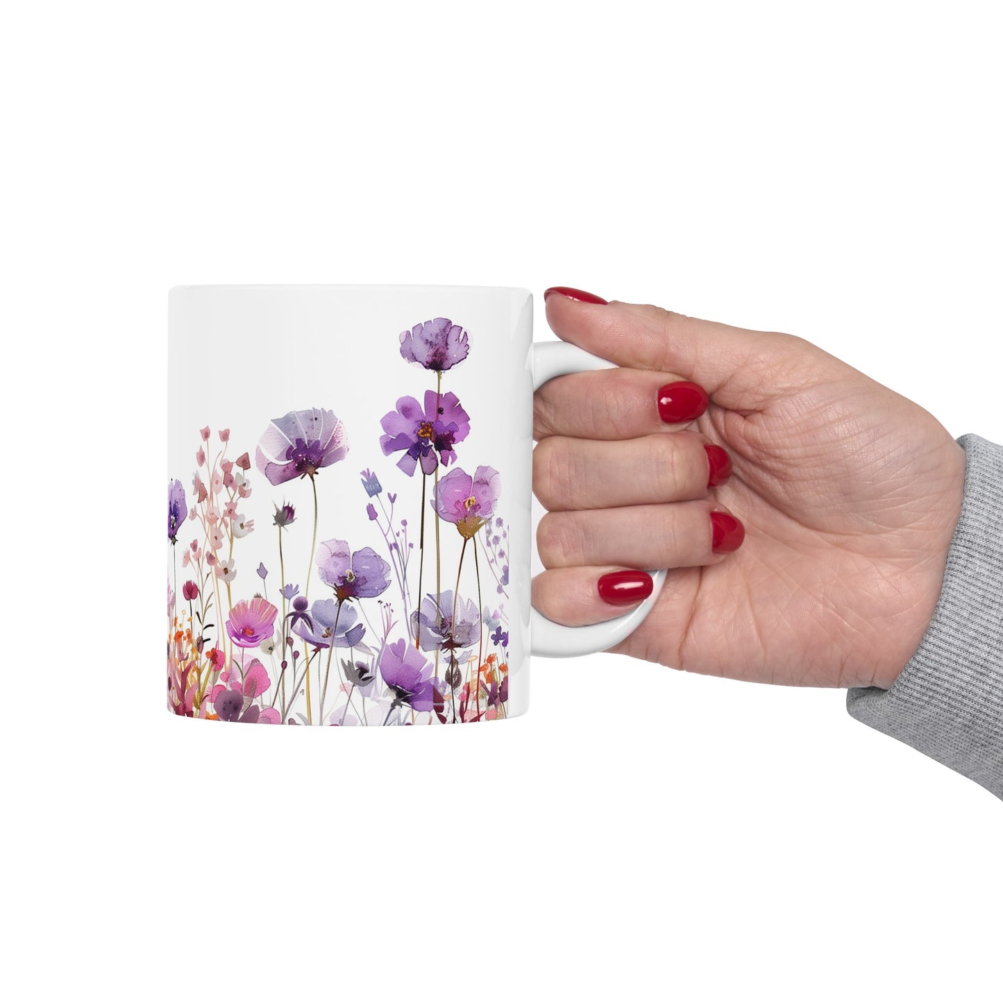 Watercolor Wildflowers 2 - Ceramic Mug, (11oz, 15oz) Purple-Pink