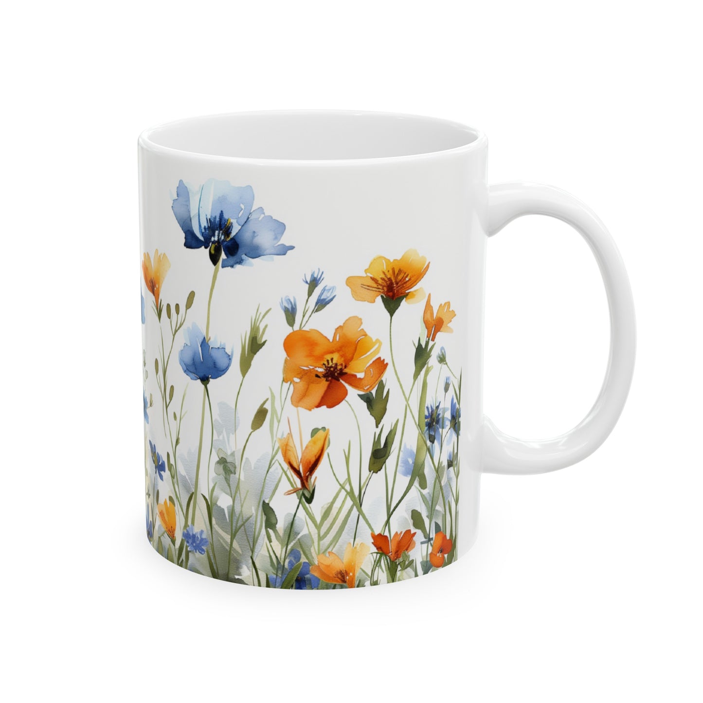 Watercolor Wildflowers 4 - Ceramic Mug, (11oz, 15oz) Blue-Orange