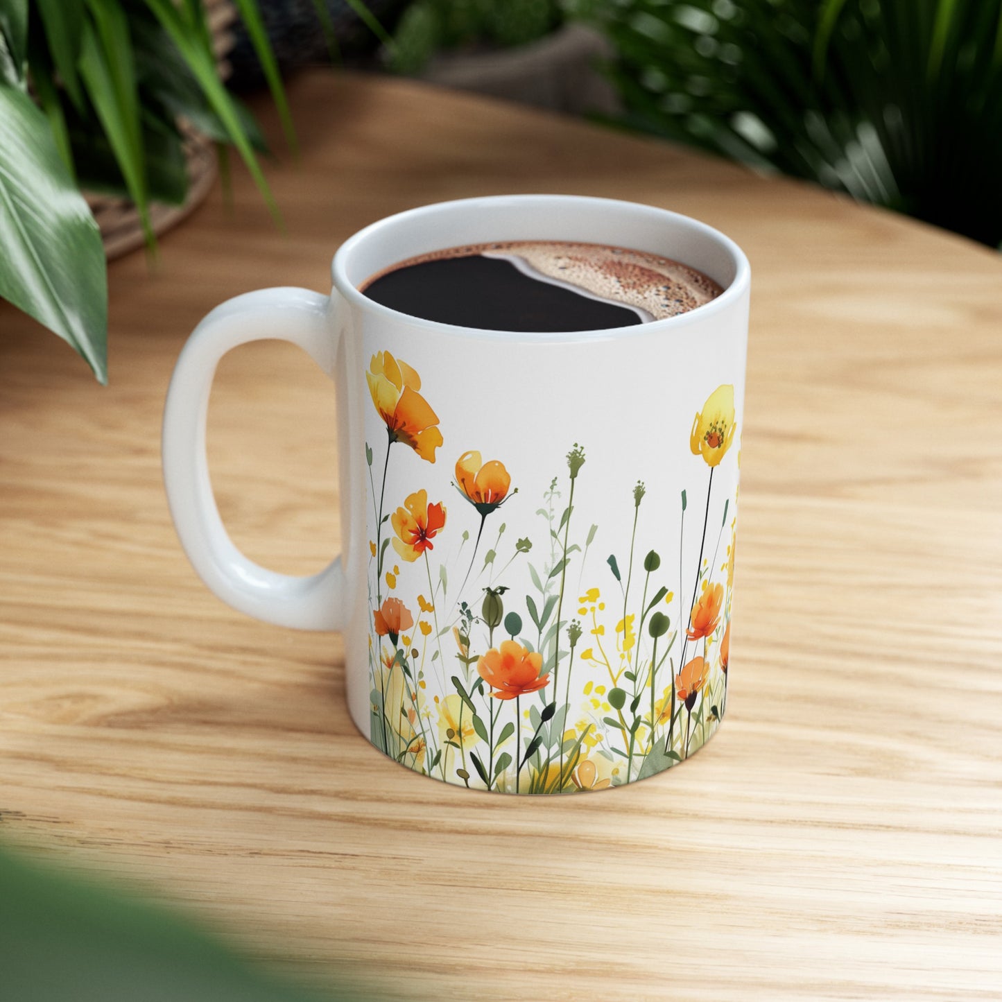 Watercolor Wildflowers 1 - Ceramic Mug, (11oz, 15oz) Yellow-Orange