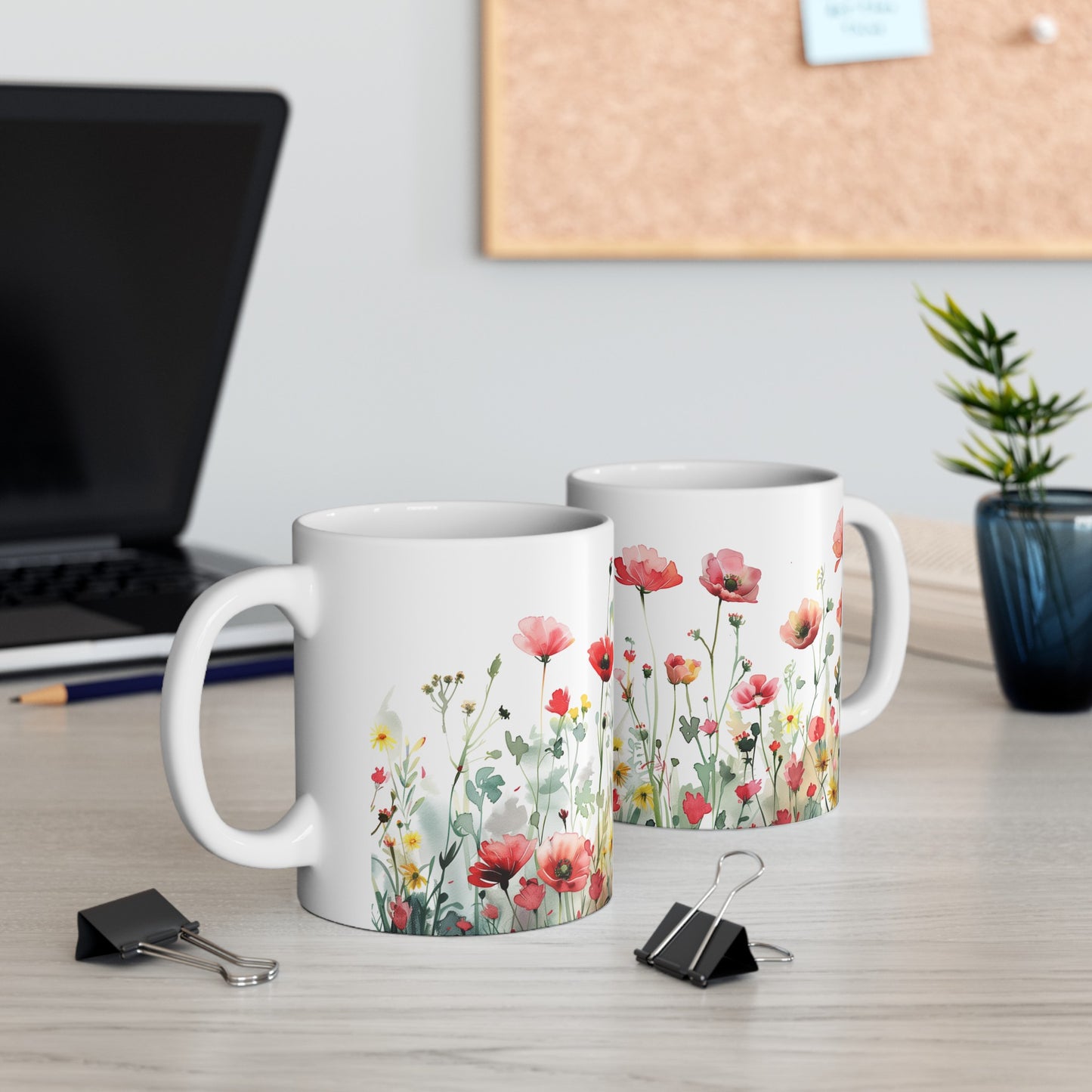 Watercolor Wildflowers 3 - Ceramic Mug, (11oz, 15oz) Red-Pink