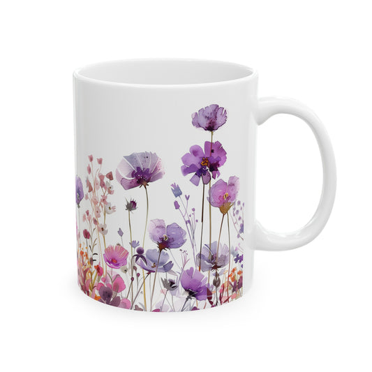 Watercolor Wildflowers 2 - Ceramic Mug, (11oz, 15oz) Purple-Pink