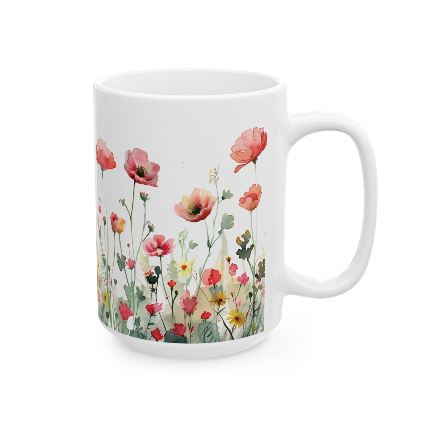 Watercolor Wildflowers 3 - Ceramic Mug, (11oz, 15oz) Red-Pink