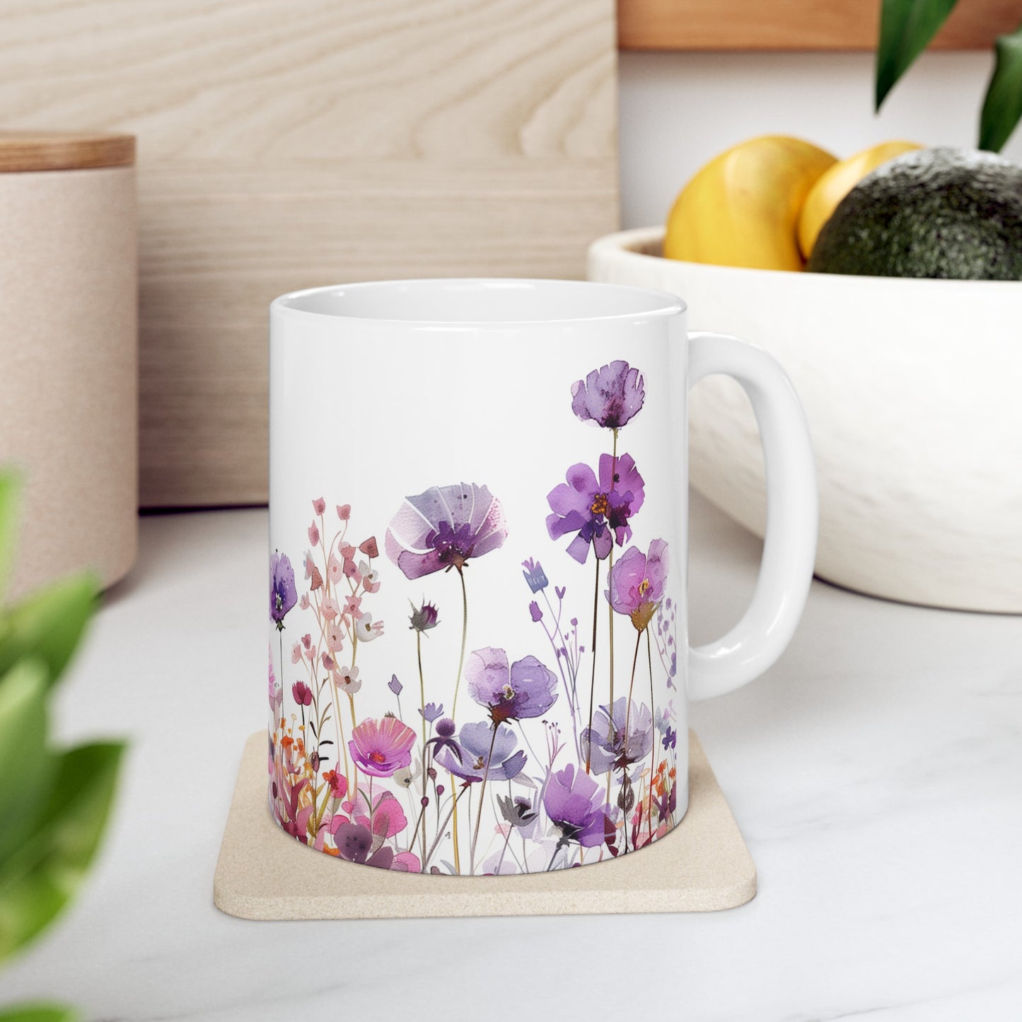 Watercolor Wildflowers 2 - Ceramic Mug, (11oz, 15oz) Purple-Pink