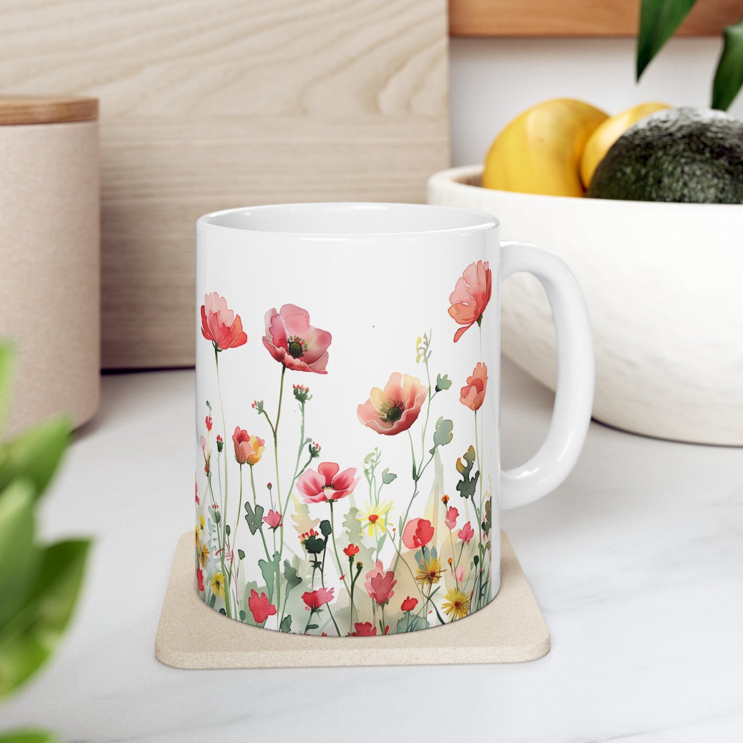 Watercolor Wildflowers 3 - Ceramic Mug, (11oz, 15oz) Red-Pink