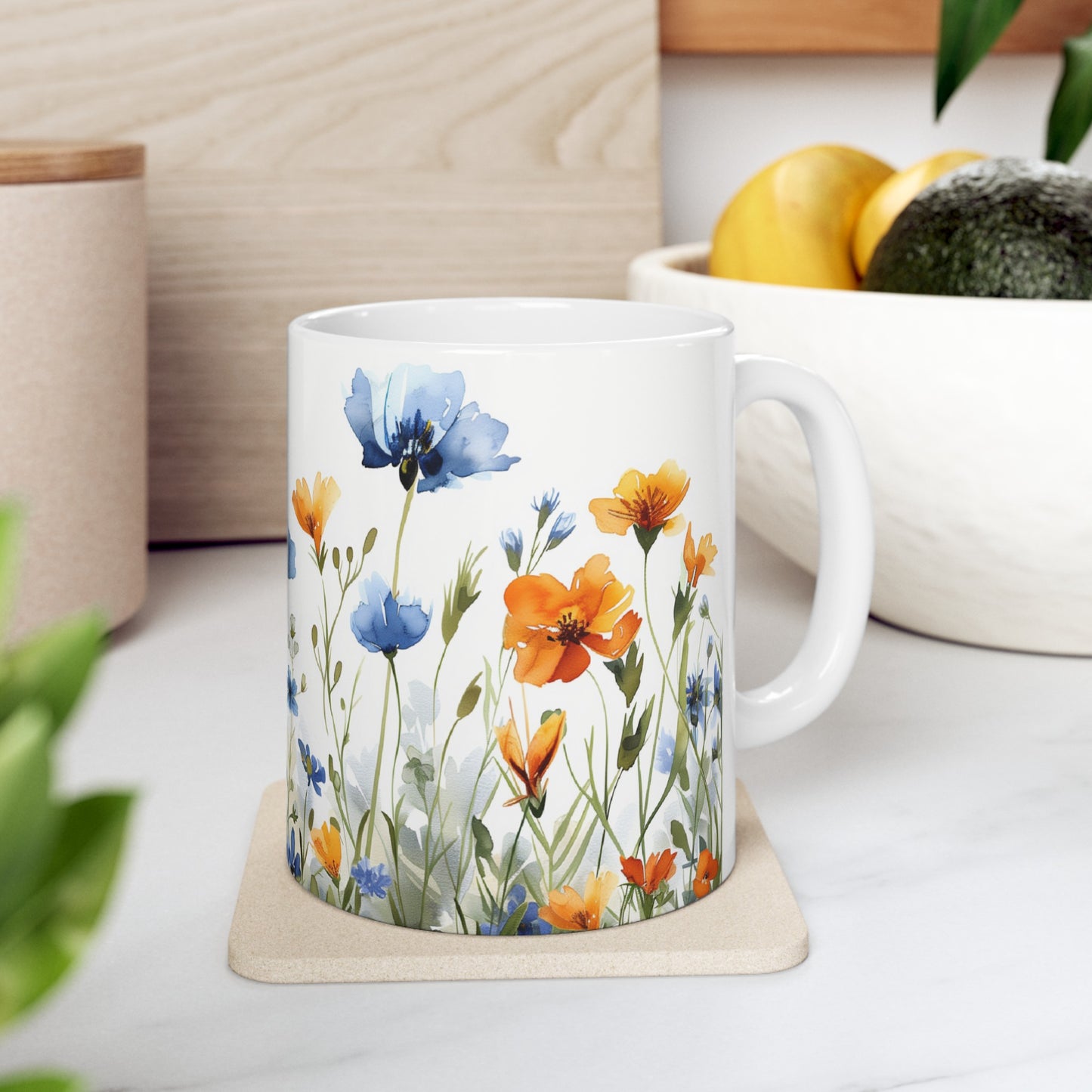 Watercolor Wildflowers 4 - Ceramic Mug, (11oz, 15oz) Blue-Orange