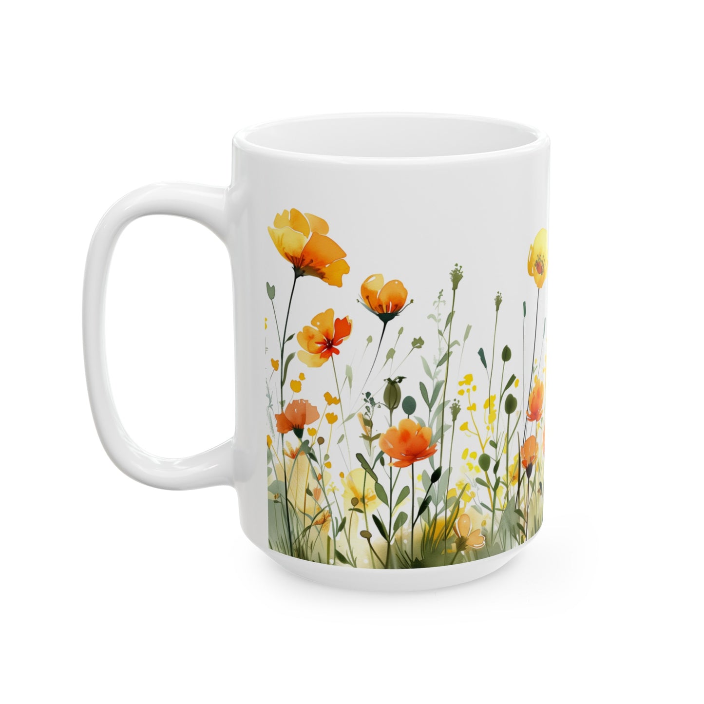 Watercolor Wildflowers 1 - Ceramic Mug, (11oz, 15oz) Yellow-Orange