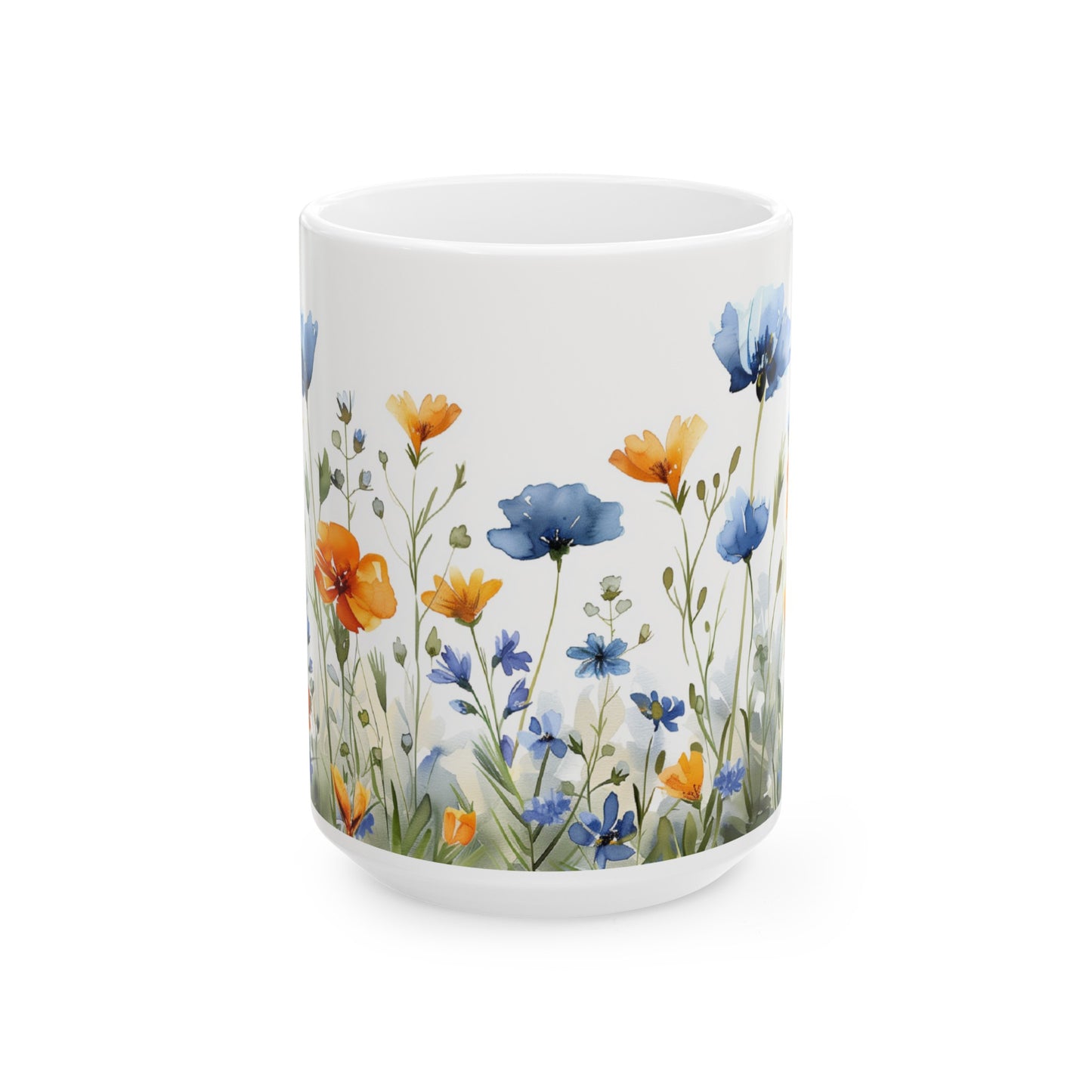 Watercolor Wildflowers 4 - Ceramic Mug, (11oz, 15oz) Blue-Orange