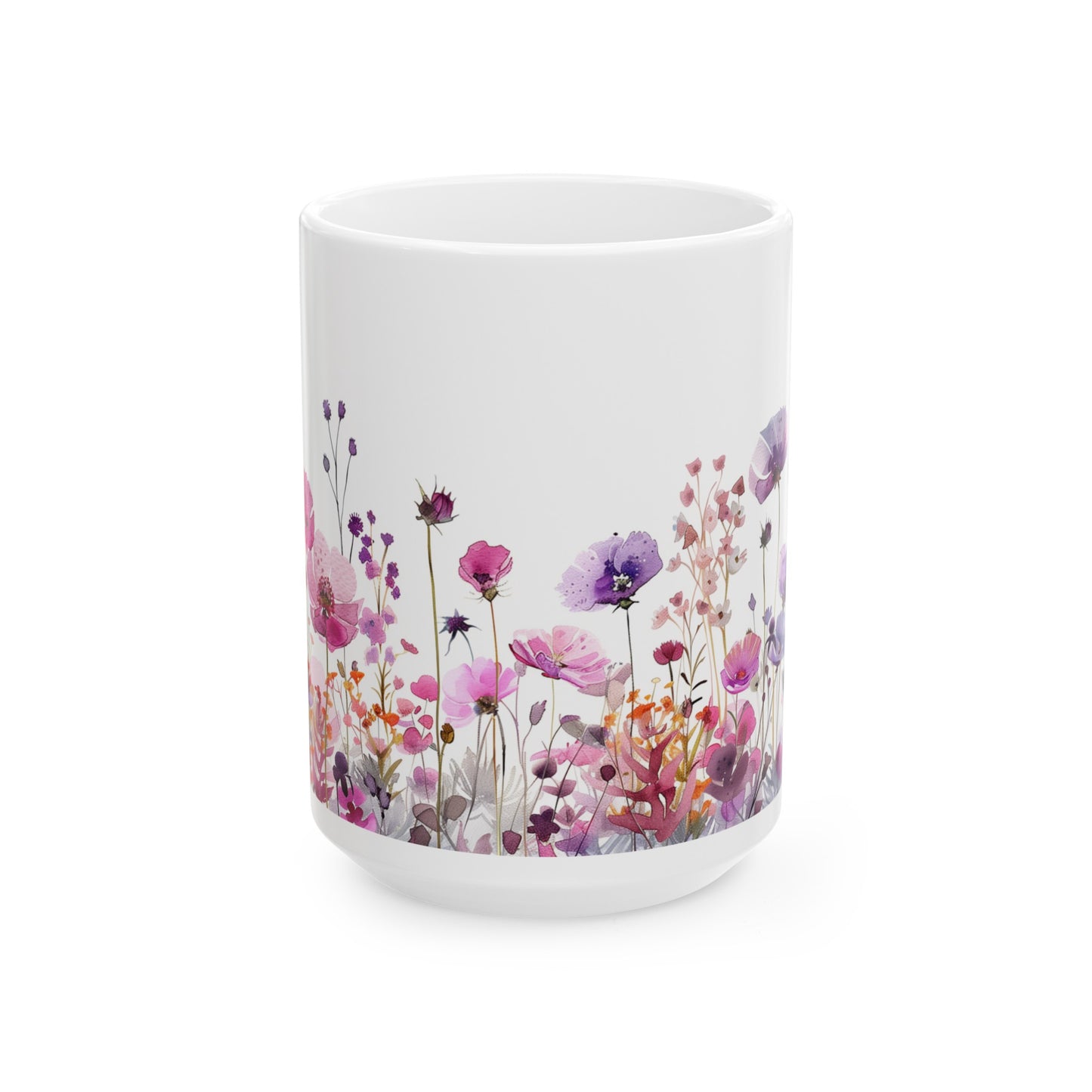 Watercolor Wildflowers 2 - Ceramic Mug, (11oz, 15oz) Purple-Pink