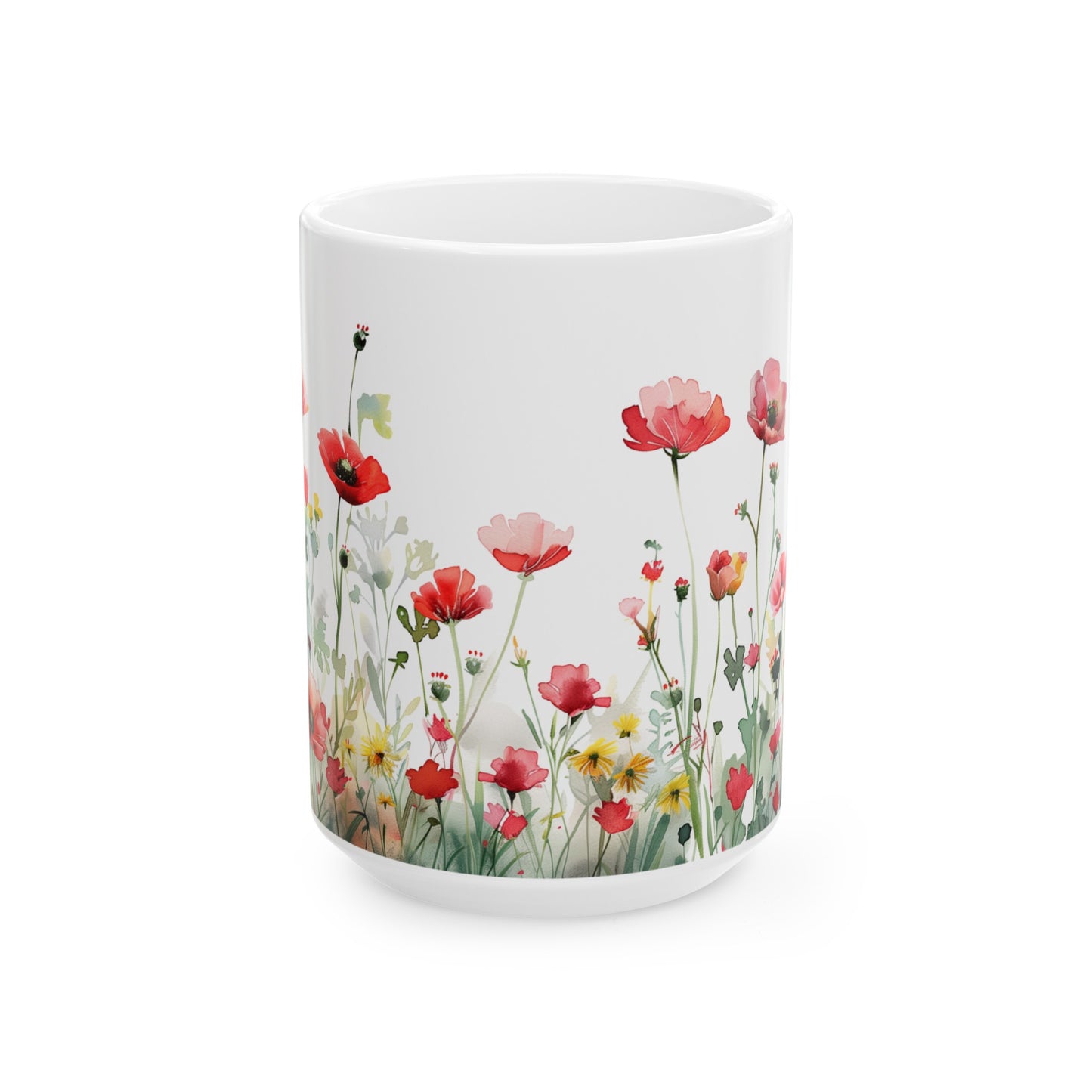 Watercolor Wildflowers 3 - Ceramic Mug, (11oz, 15oz) Red-Pink