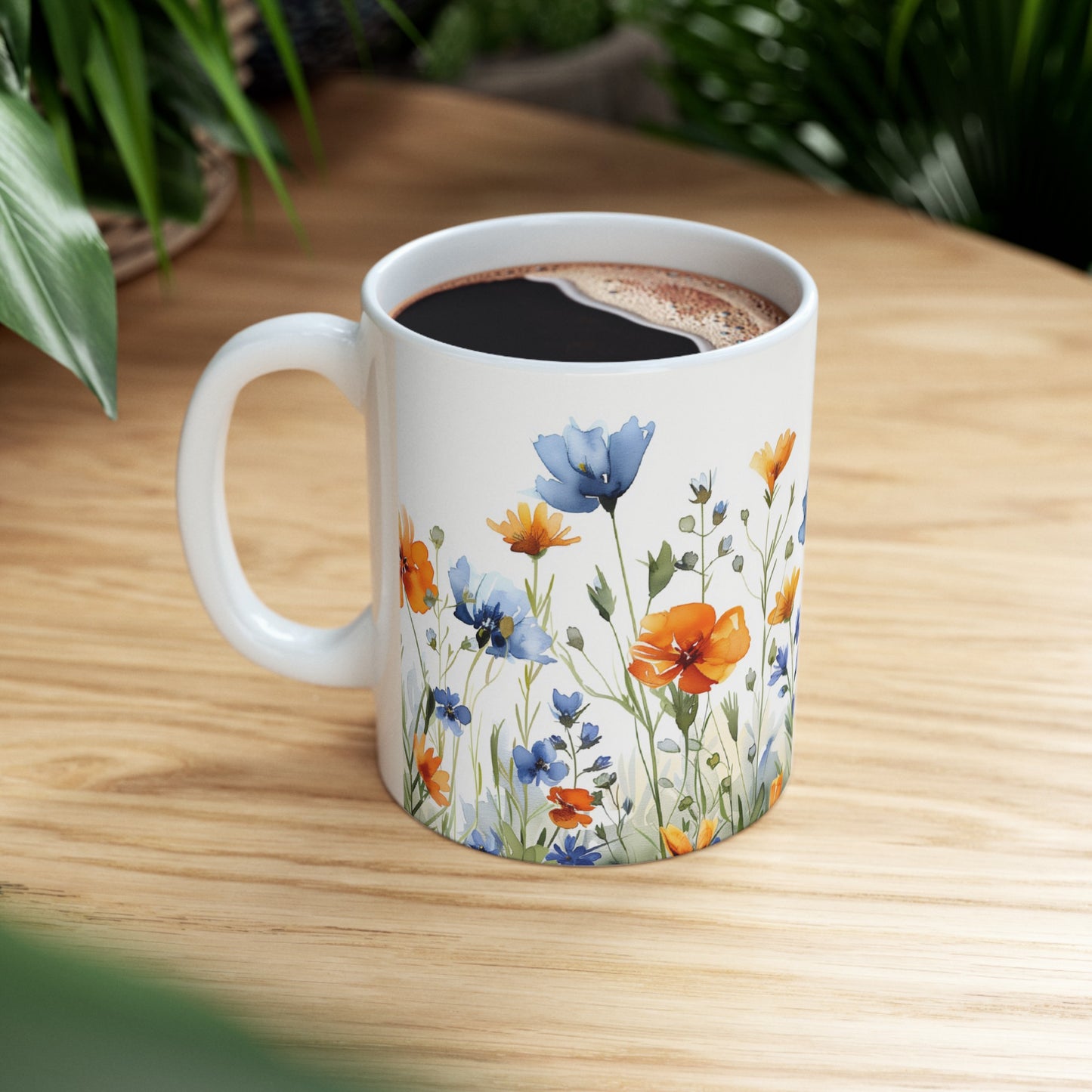 Watercolor Wildflowers 4 - Ceramic Mug, (11oz, 15oz) Blue-Orange