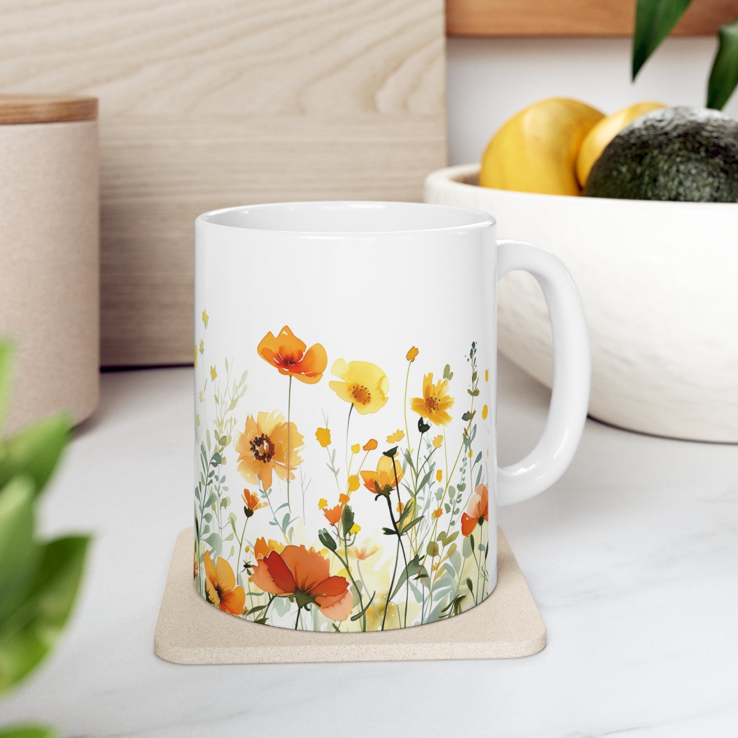 Watercolor Wildflowers 1 - Ceramic Mug, (11oz, 15oz) Yellow-Orange