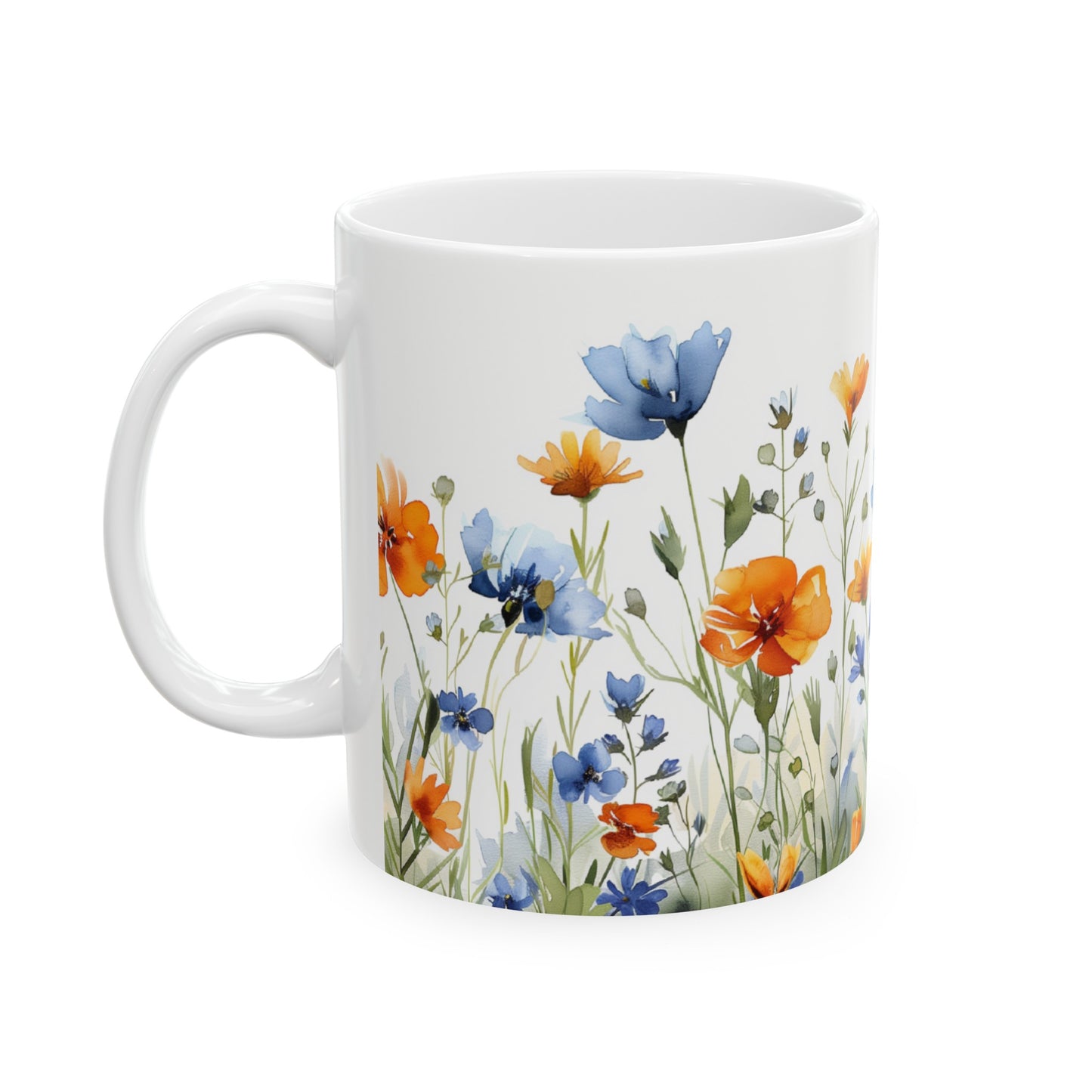 Watercolor Wildflowers 4 - Ceramic Mug, (11oz, 15oz) Blue-Orange