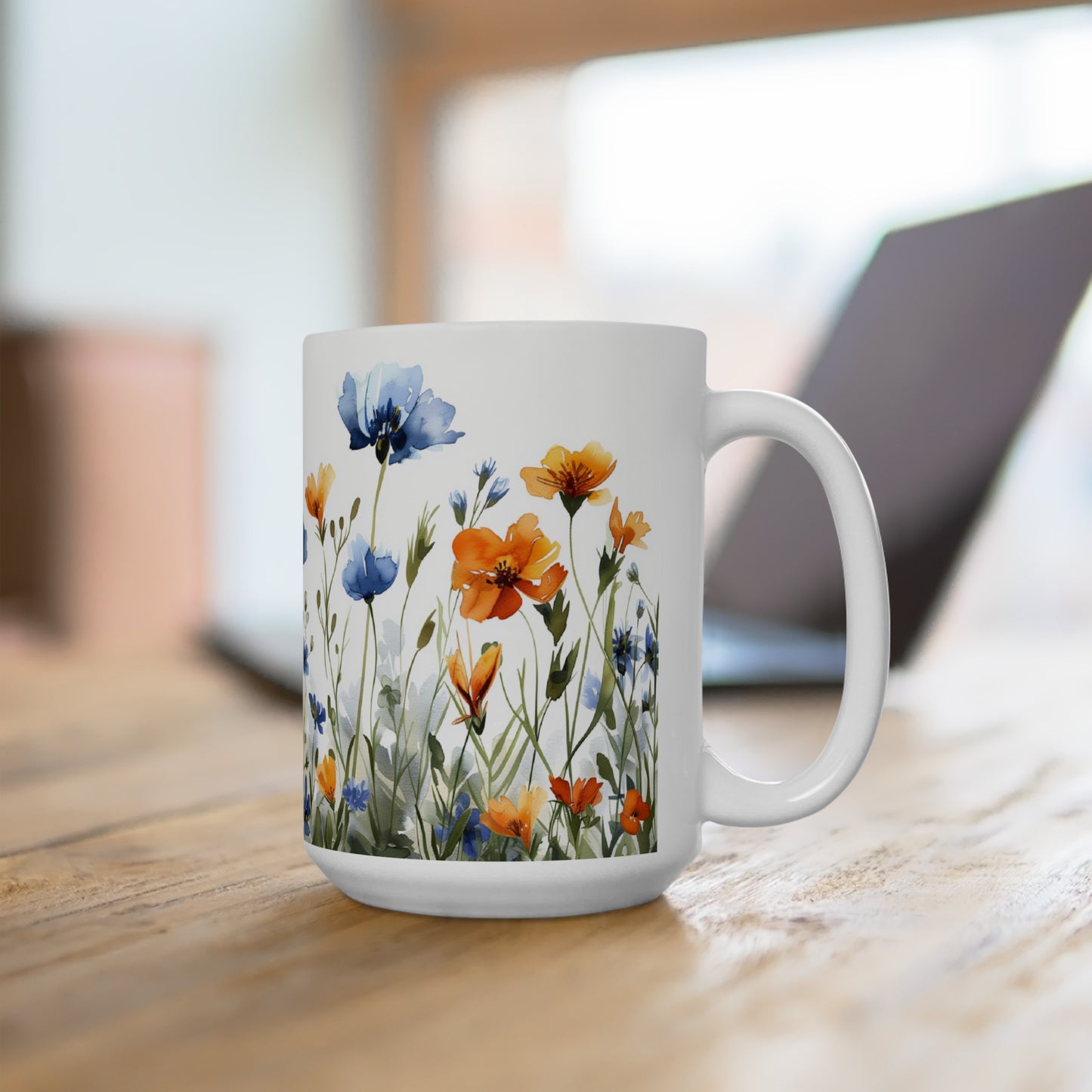 Watercolor Wildflowers 4 - Ceramic Mug, (11oz, 15oz) Blue-Orange