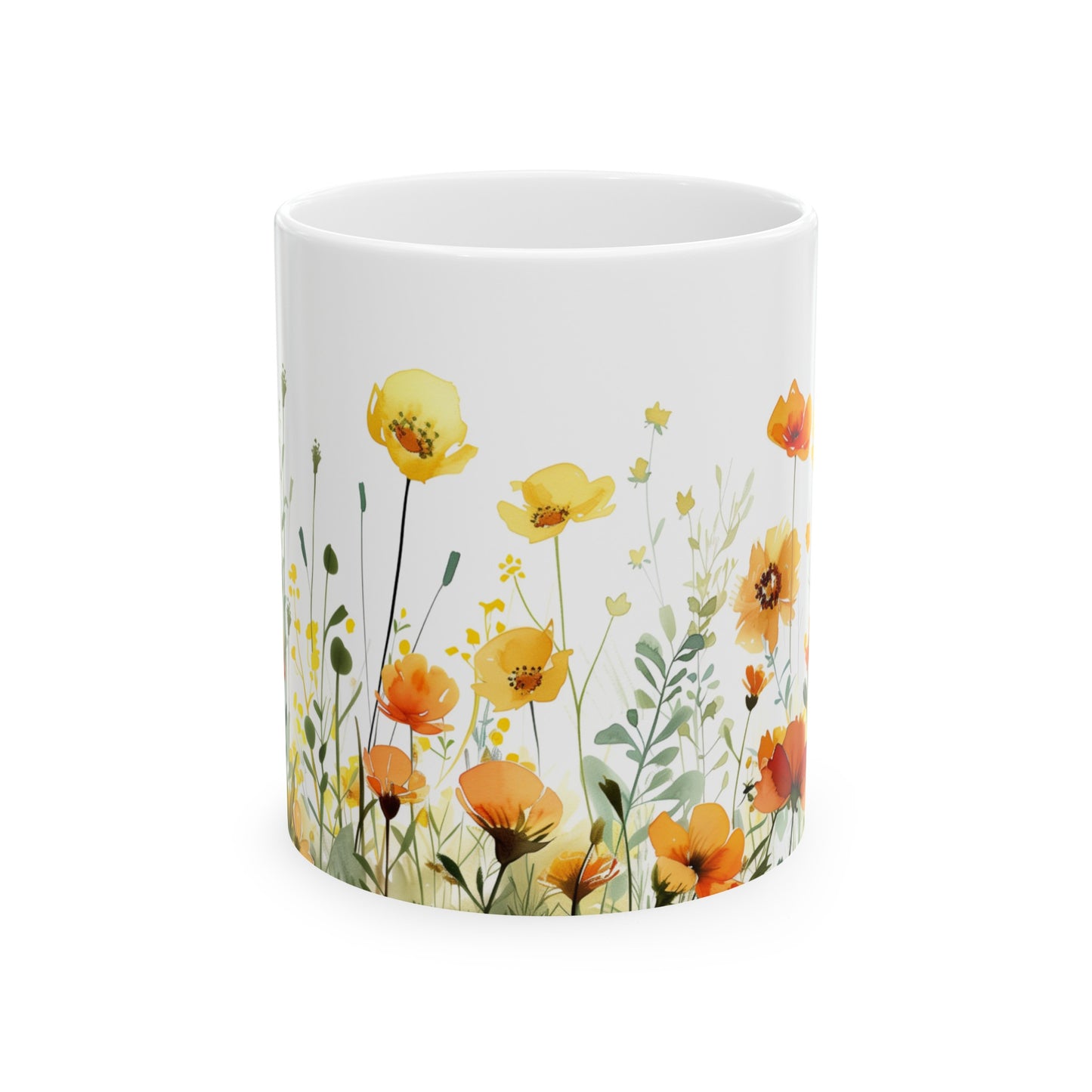 Watercolor Wildflowers 1 - Ceramic Mug, (11oz, 15oz) Yellow-Orange